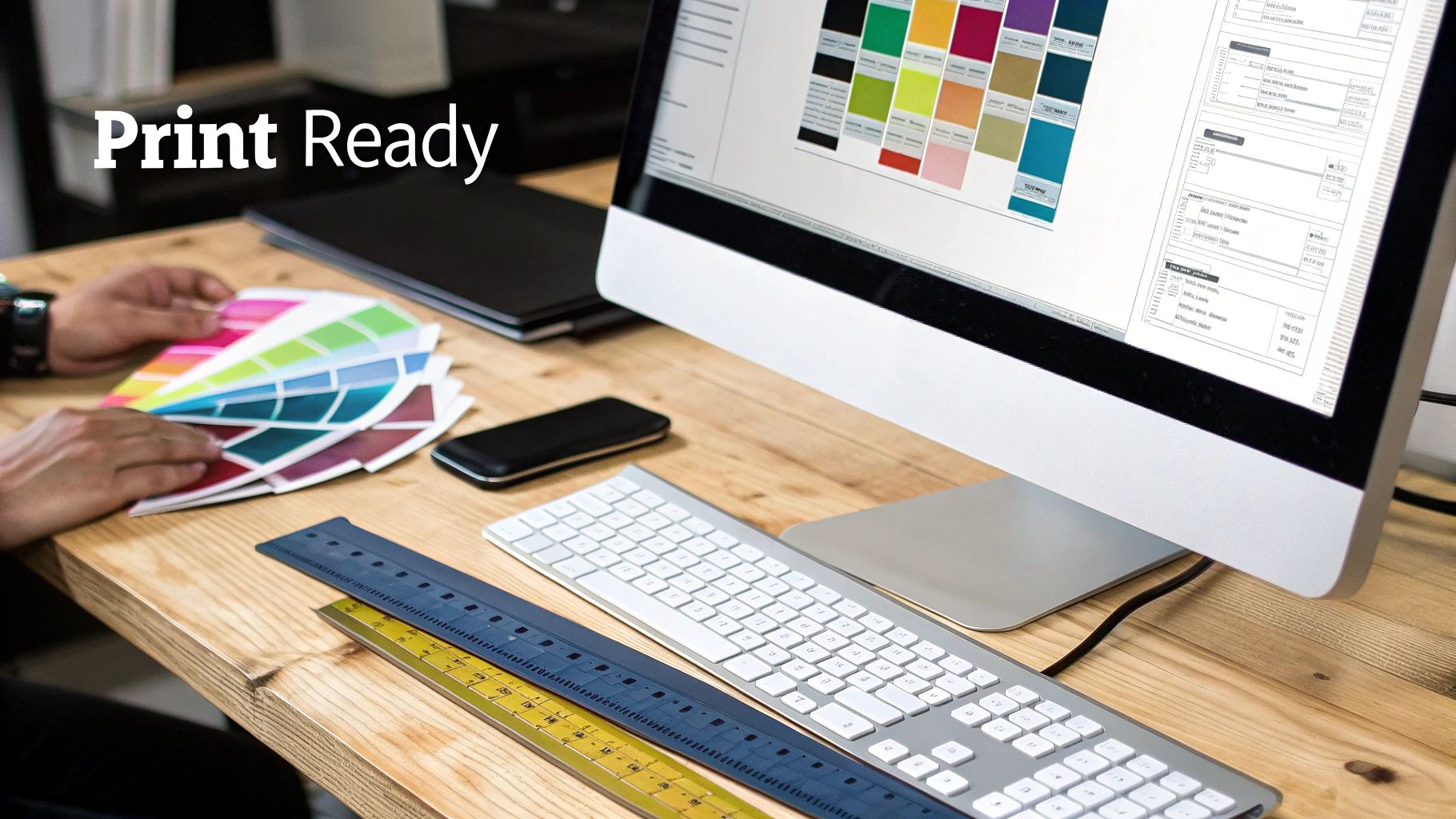 Hands holding color swatches next to a computer displaying design layouts, ready for print.