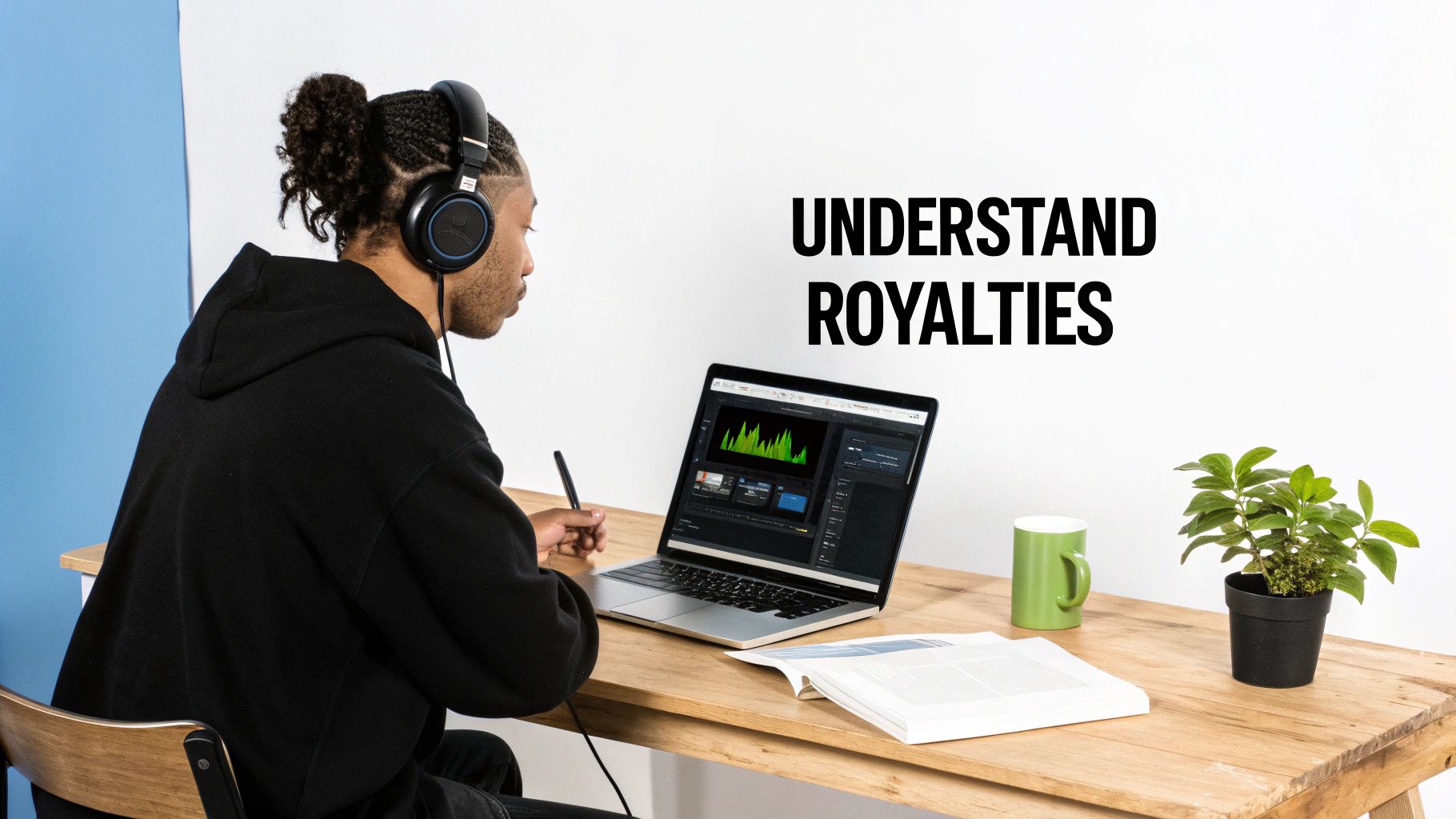 Person with headphones working on a laptop displaying music software, understanding royalties.