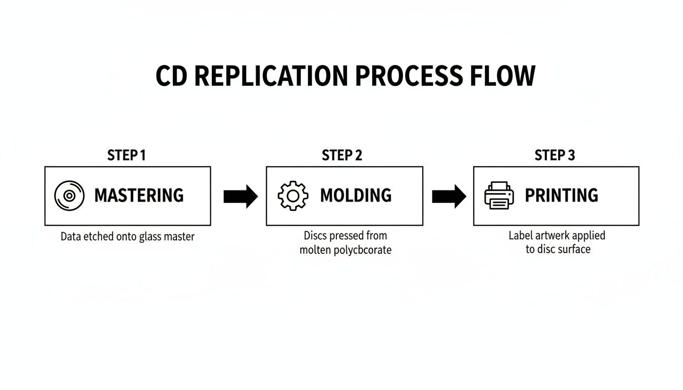 Flowchart detailing the three-step CD replication process: Mastering, Molding, and Printing.