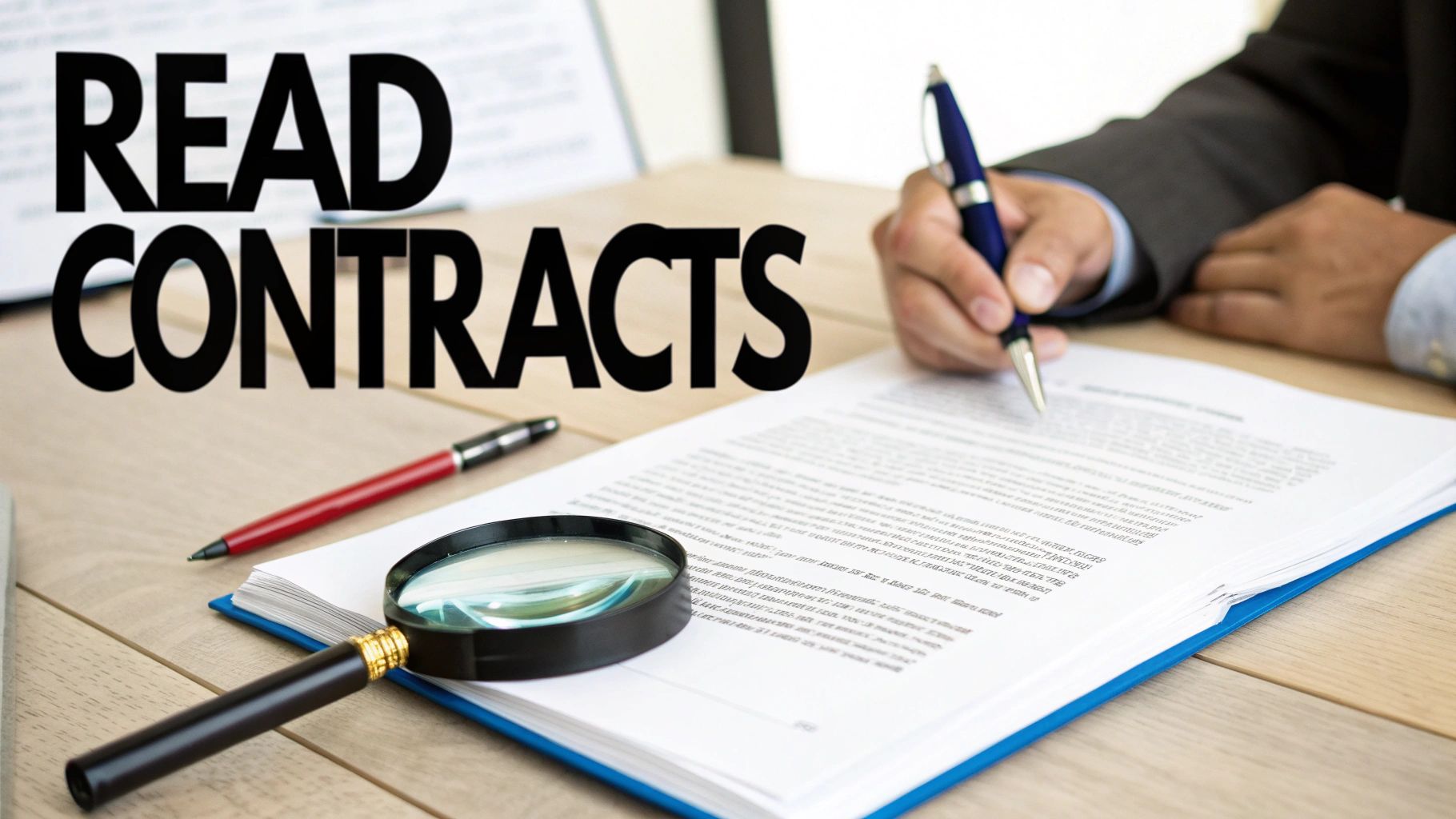 Person signing a contract on a wooden desk with a pen, magnifying glass, and 'READ CONTRACTS' text.