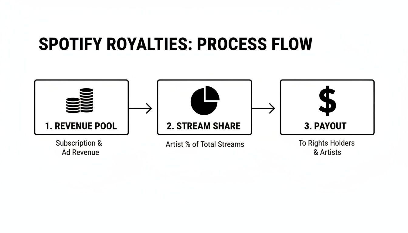 A process flow diagram illustrating Spotify royalties: from revenue pool to stream share and payout.