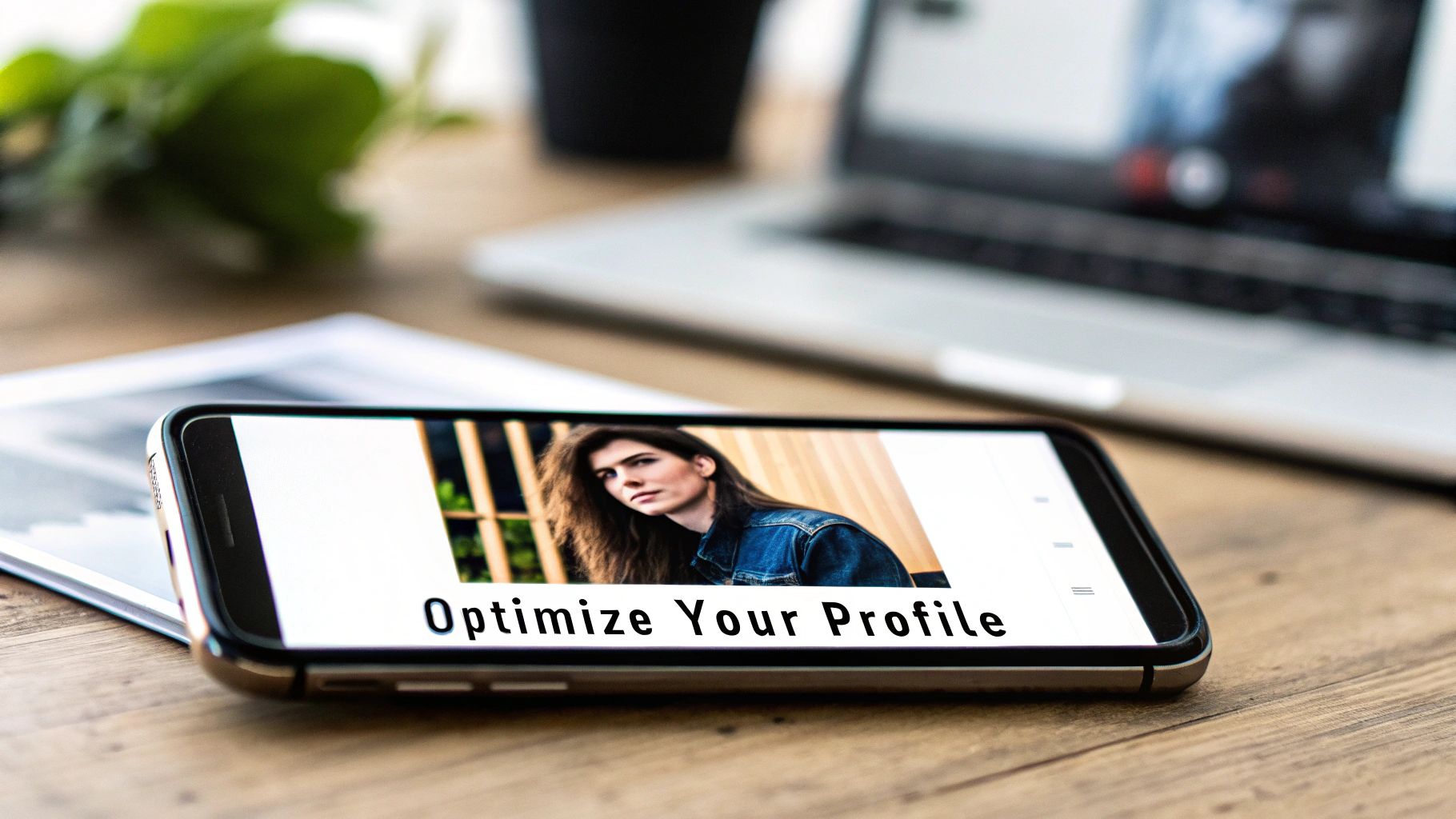 A smartphone on a wooden desk shows 'Optimize Your Profile' with a photo, next to a laptop.