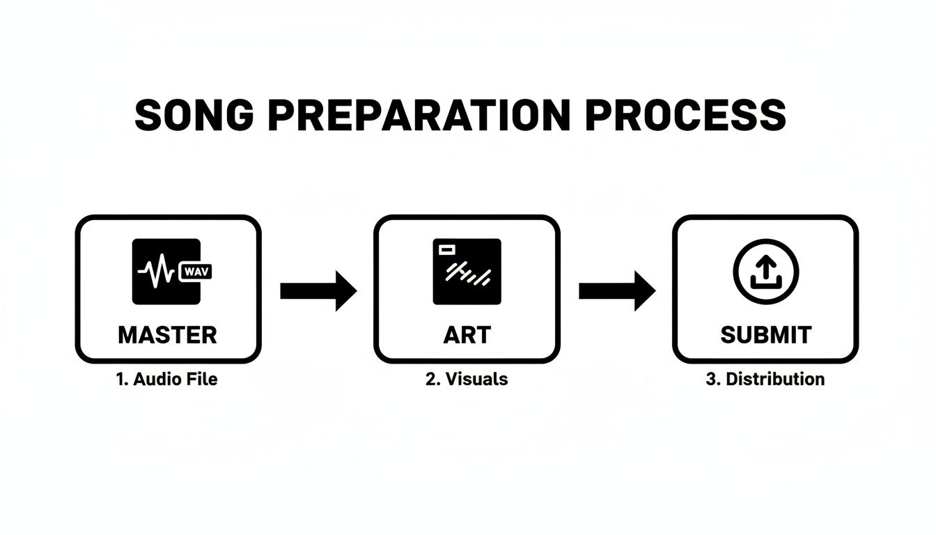 Flowchart illustrating the song preparation process: master audio file, art visuals, and submission for distribution.