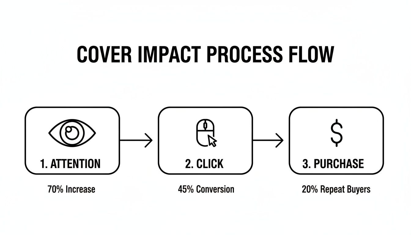 A three-step business process flow diagram showing attention, click, and purchase with statistics.