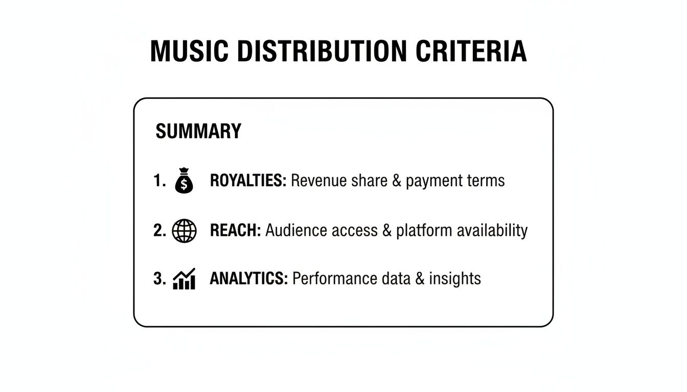 A slide titled 'Music Distribution Criteria' outlining royalties, reach, and analytics as key summary points.