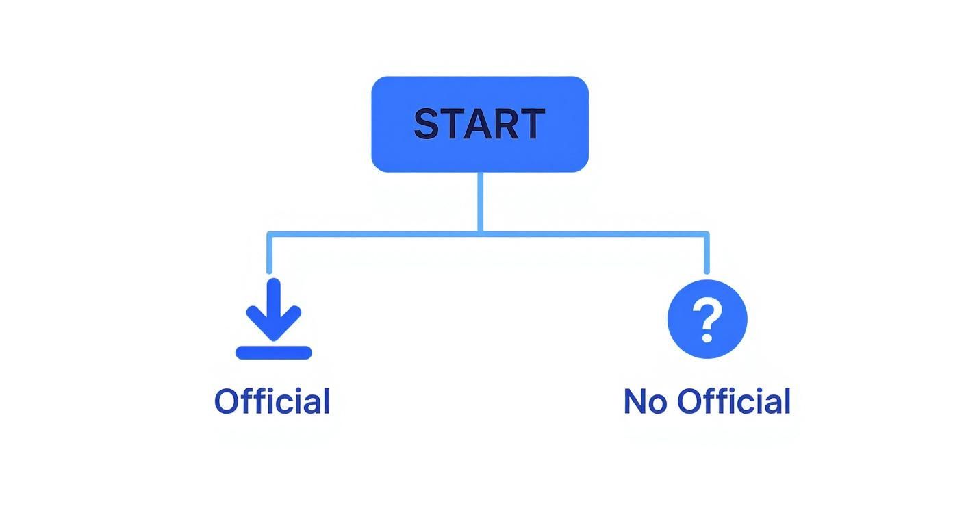 Flowchart showing 'START' branching into 'Official' with a download icon and 'No Official' with a question mark.