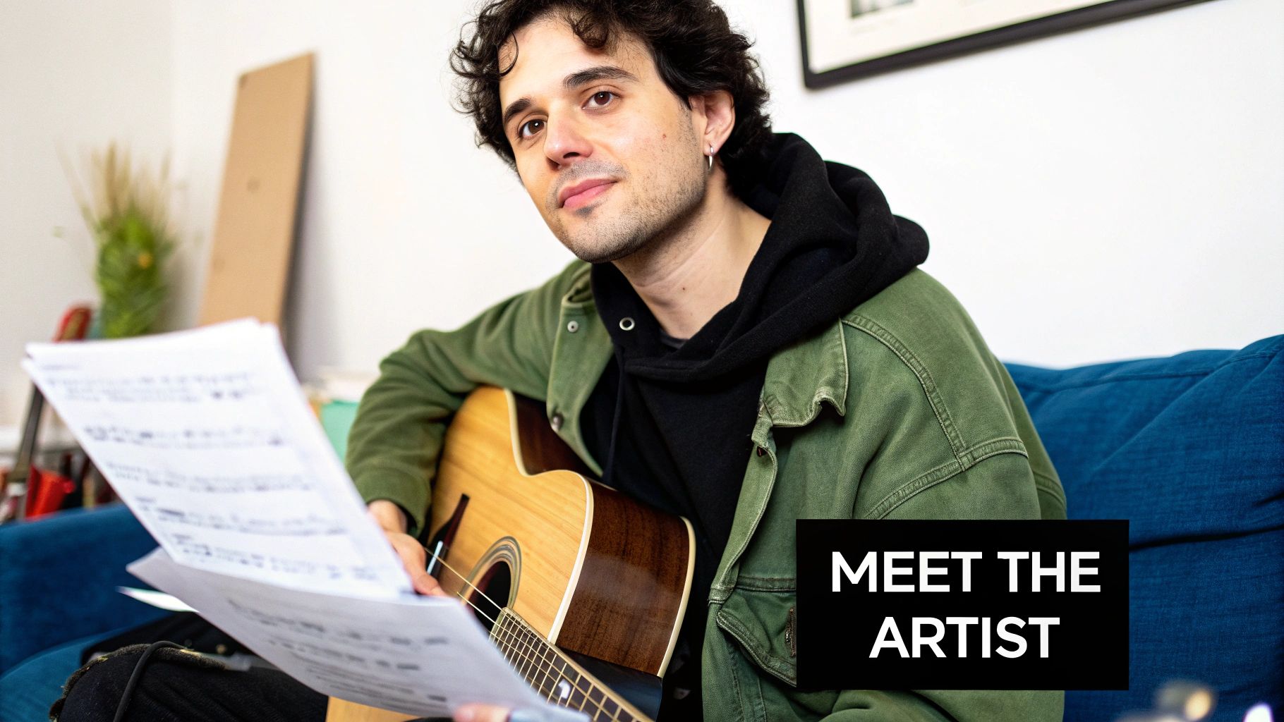 A young man playing an acoustic guitar, holding sheet music, with a 'Meet the Artist' overlay.
