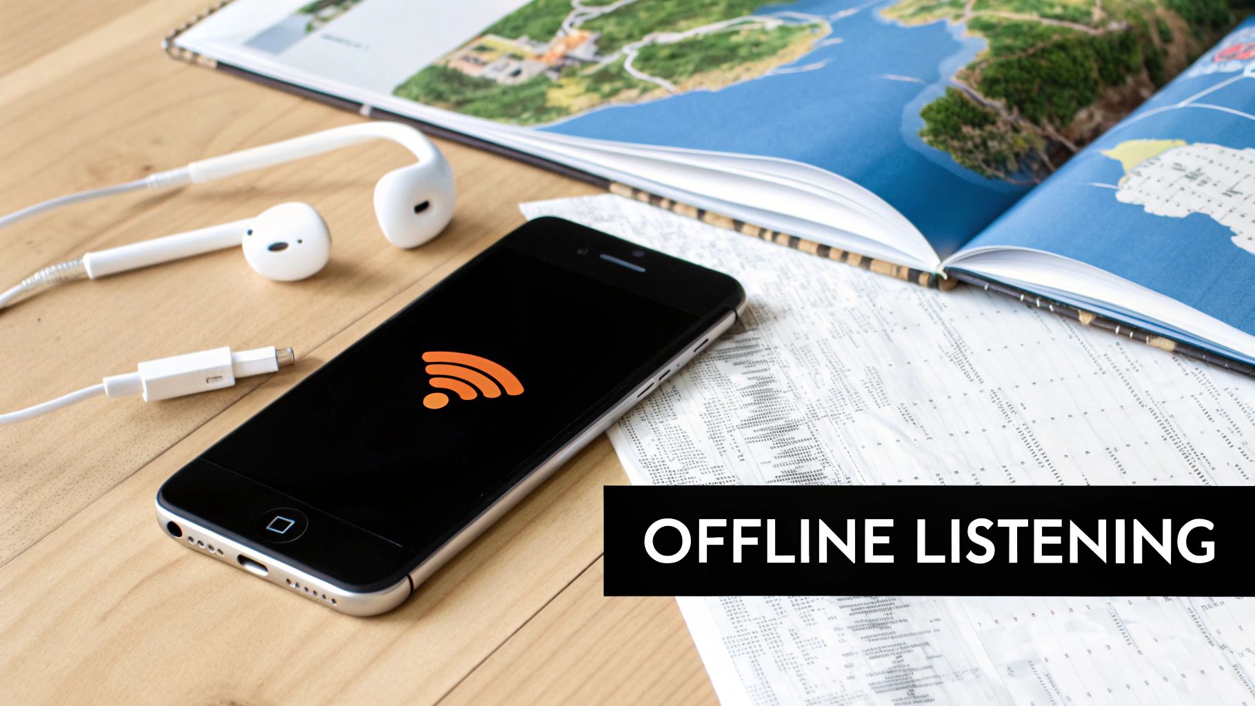 A smartphone connected to white earbuds on a wooden table, with an open map book and "OFFLINE LISTENING" text.