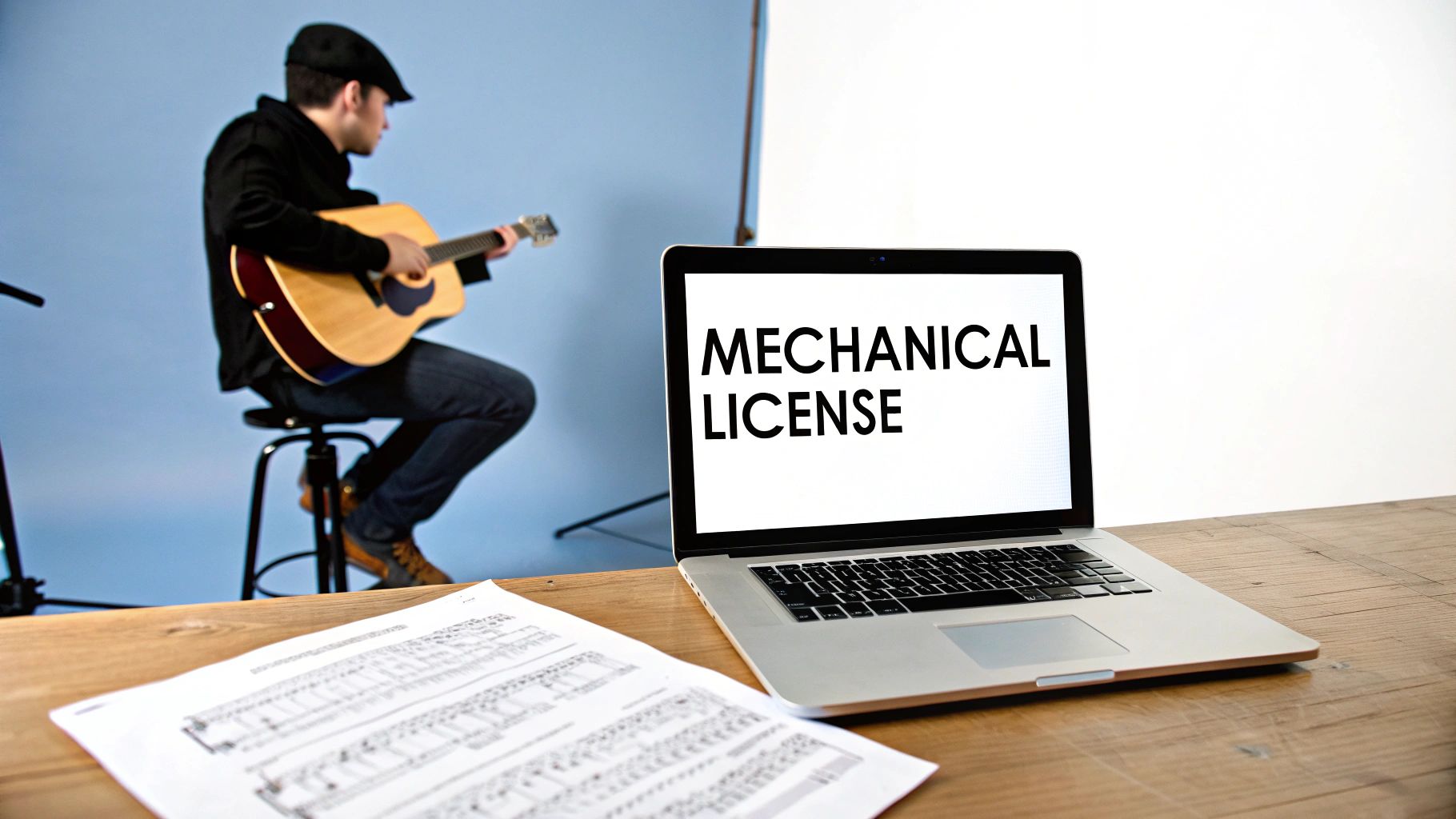 Musician playing guitar in a studio, with a laptop showing 'Mechanical License' and sheet music.