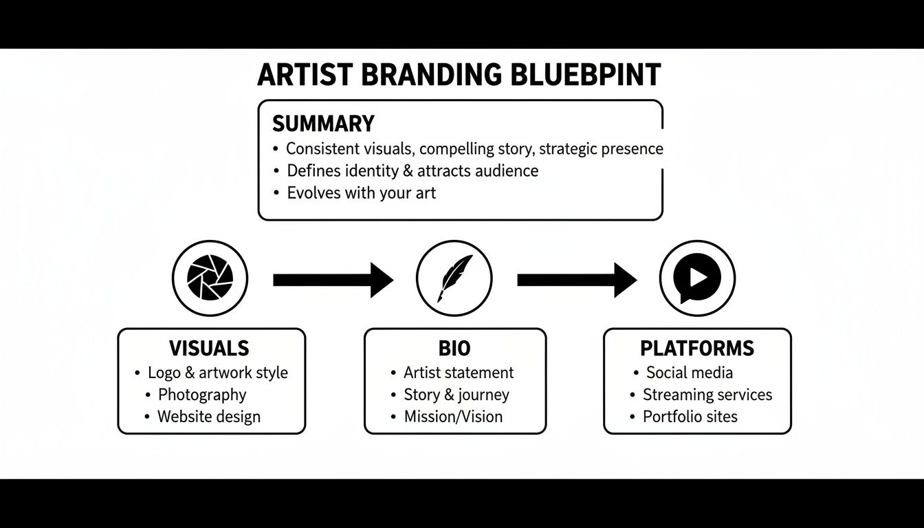 A blueprint for artist branding, detailing summary, visuals, bio, and digital platforms.