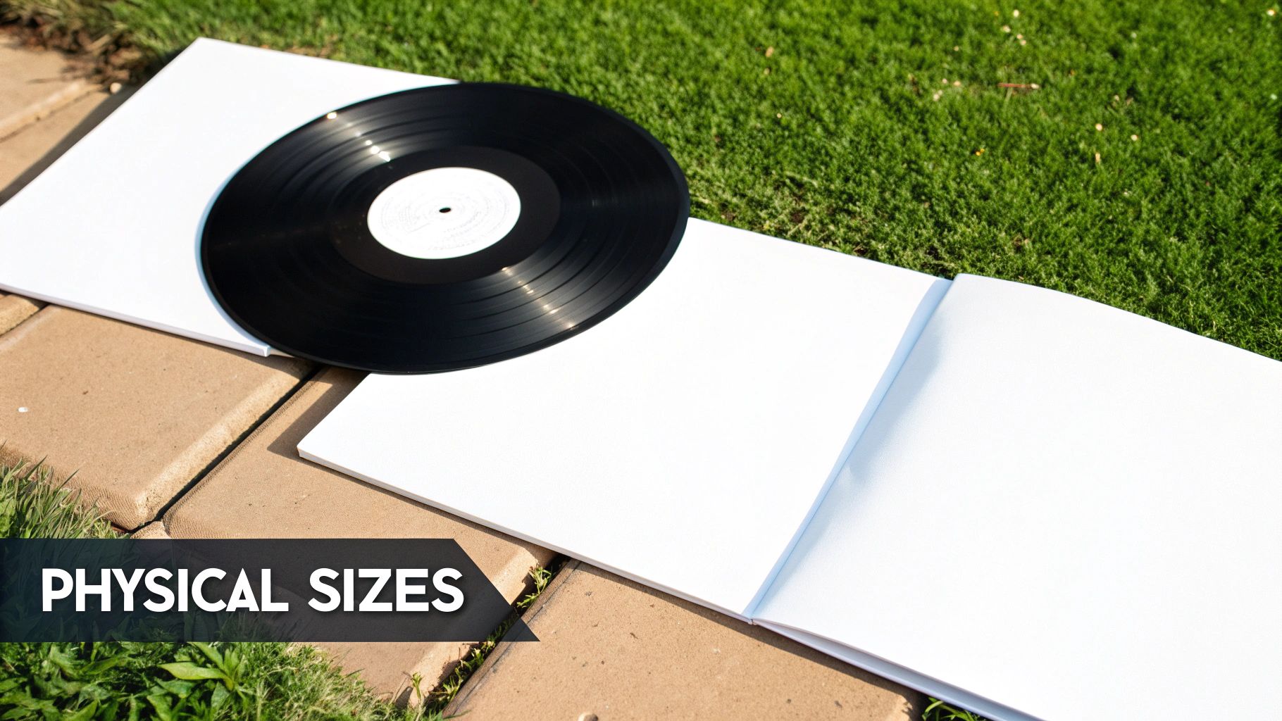 A black vinyl record rests on an open white album cover outdoors on a patio next to green grass.