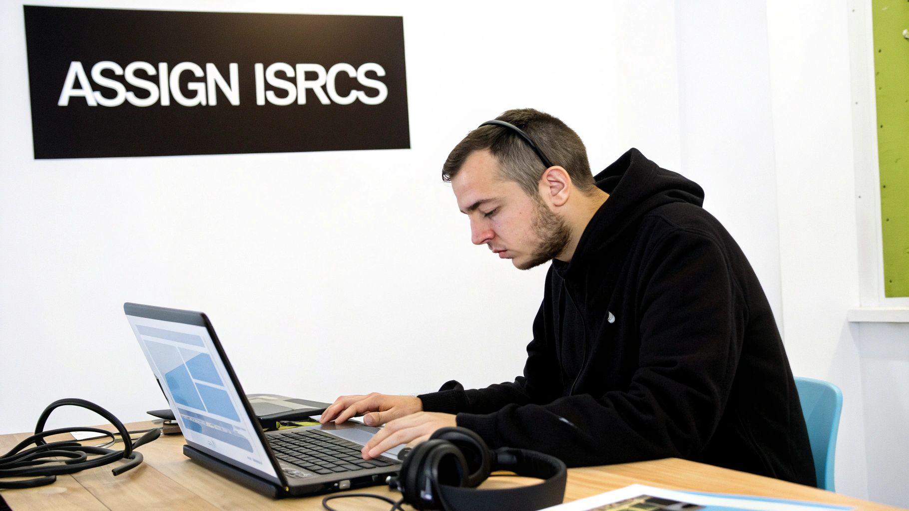 Young man in a black hoodie and headphones typing on a laptop in an office with 'ASSIGN ISRCS' sign.