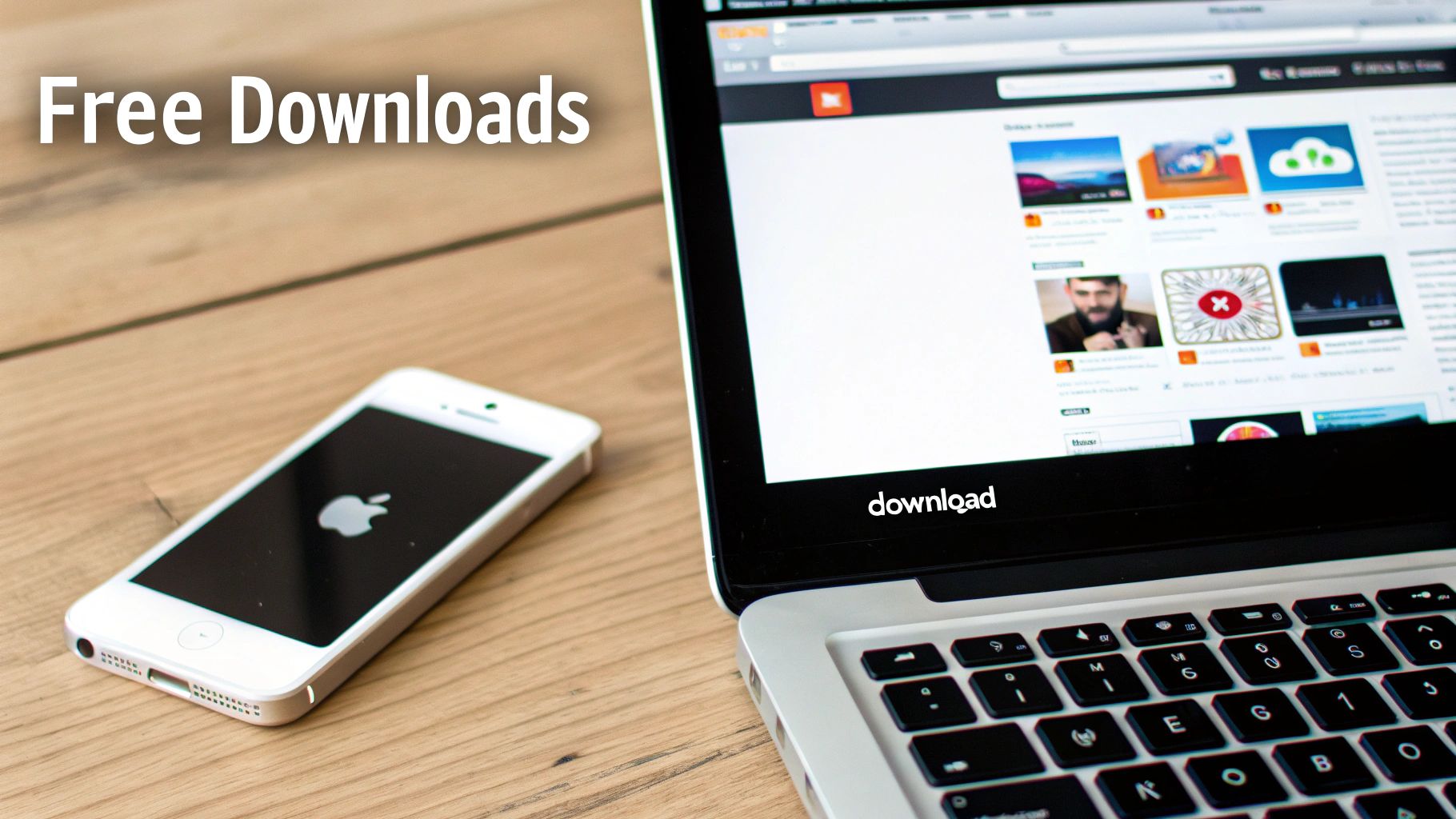 A white iPhone with an Apple logo on its screen next to an open laptop displaying a webpage with download options.