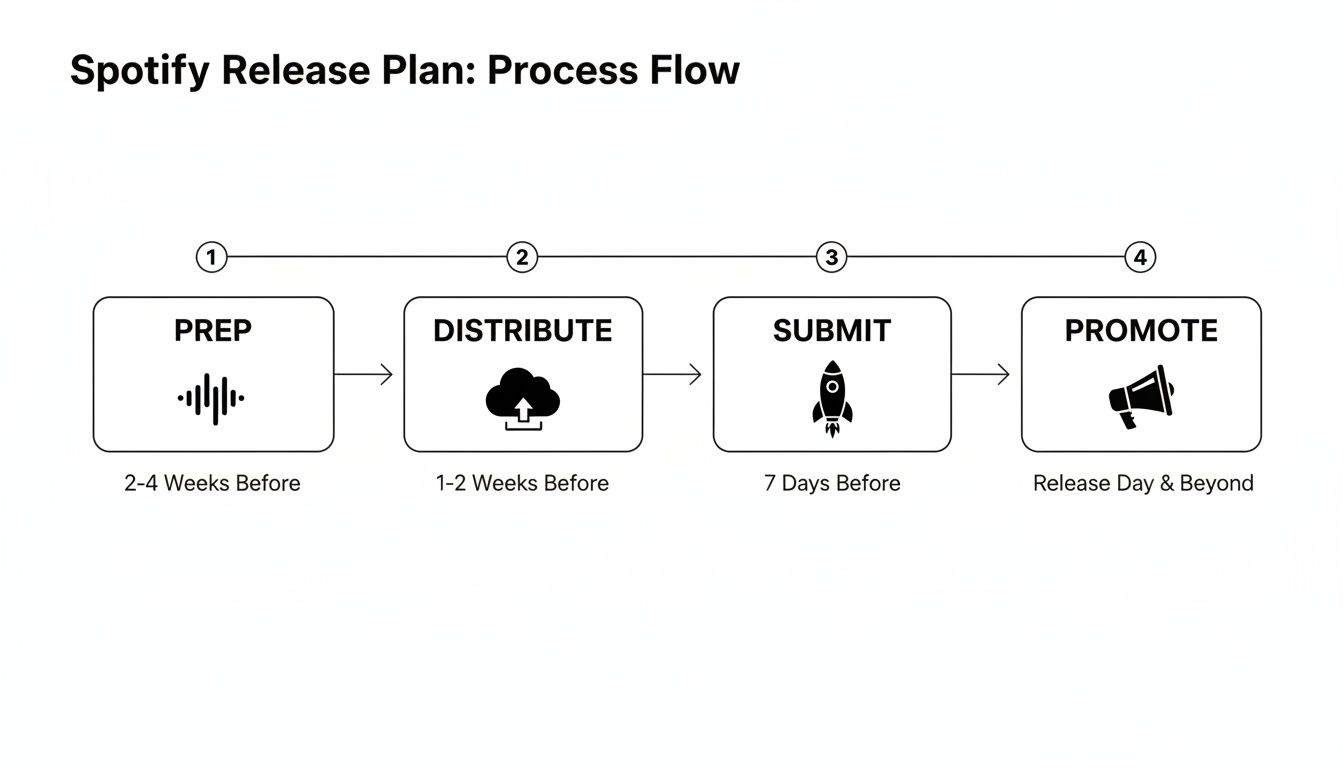 A Spotify music release plan process flow chart detailing prep, distribute, submit, and promote stages.