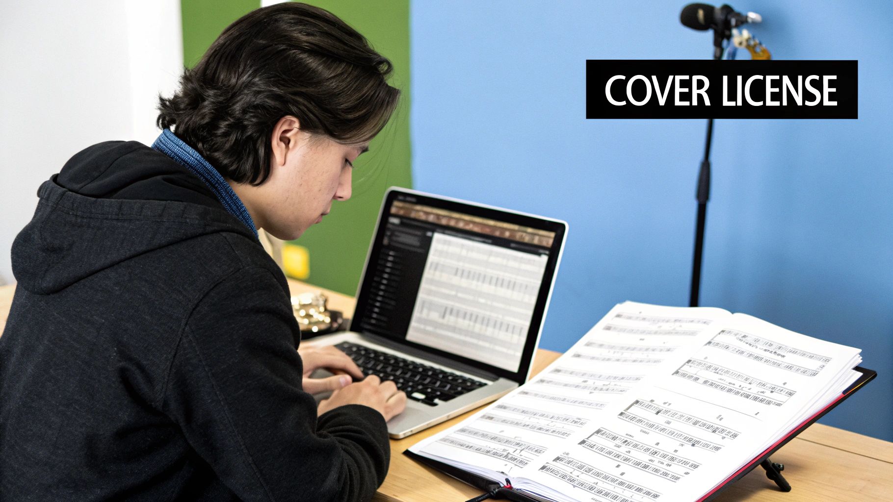 A musician thoughtfully looking at a laptop with a guitar, likely researching cover song licenses.