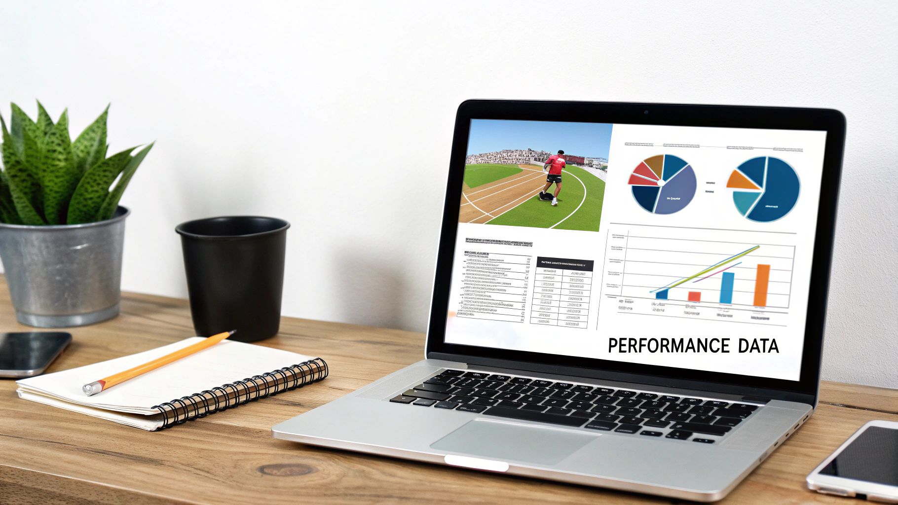 A laptop on a wooden desk showing sports performance data, charts, and an athlete, with office supplies.