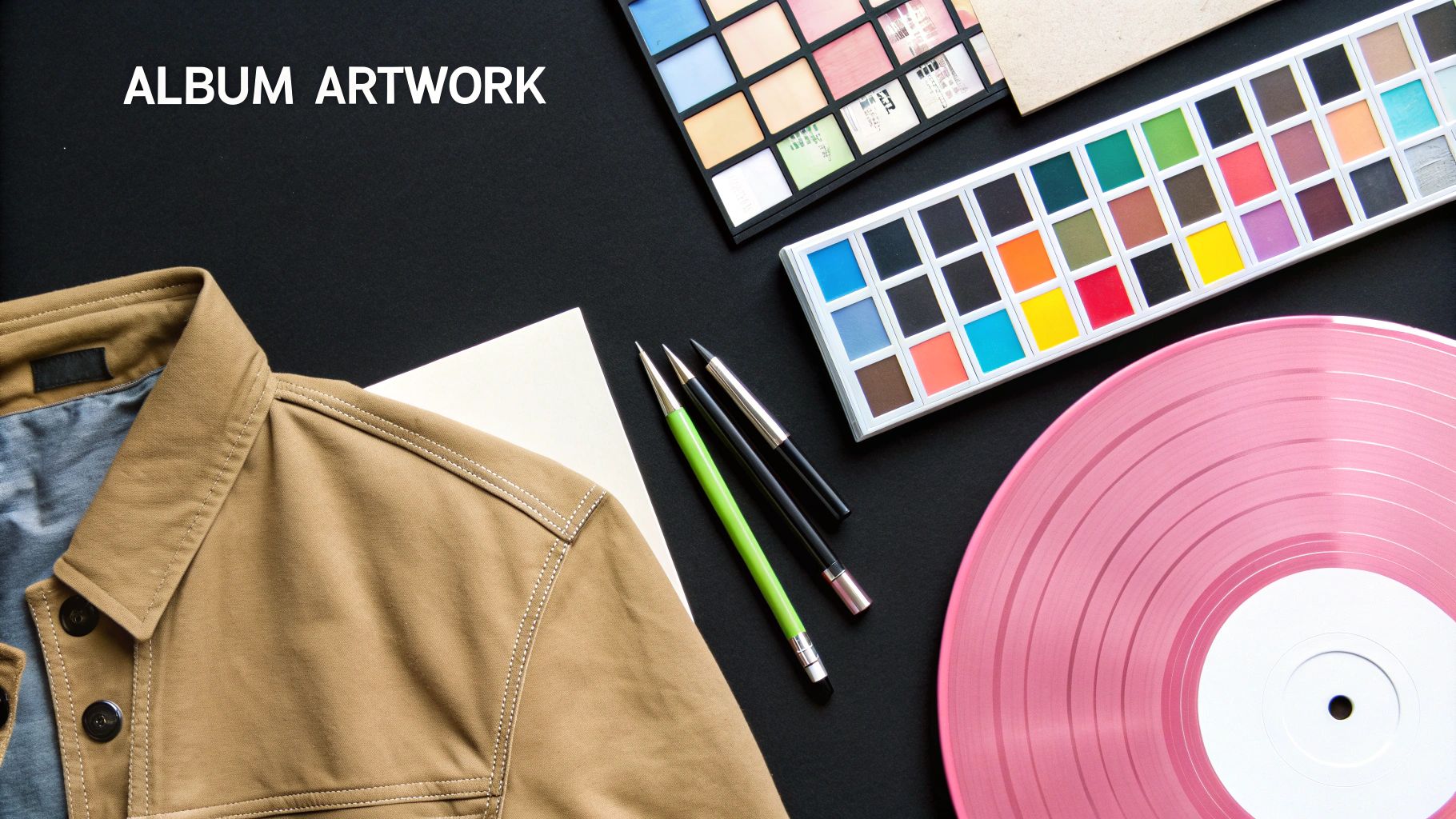 Flat lay of art supplies and a pink vinyl record, featuring color palettes, pencils, and a jacket for album artwork creation.