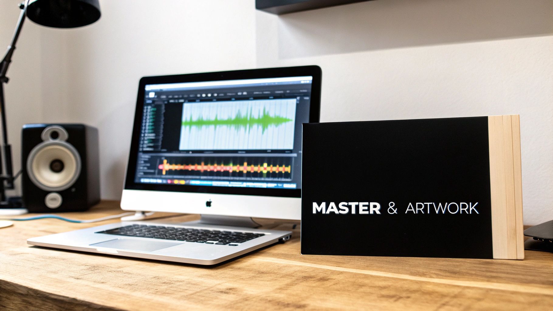 A music production workspace with a laptop displaying audio waveforms, a speaker, and a 'MASTER & ARTWORK' box.