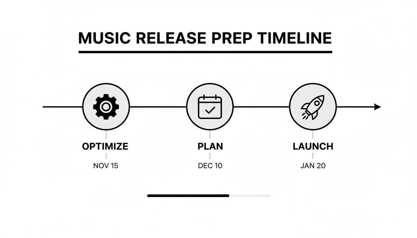 A music release preparation timeline showing three stages: Optimize (Nov 15), Plan (Dec 10), and Launch (Jan 20).