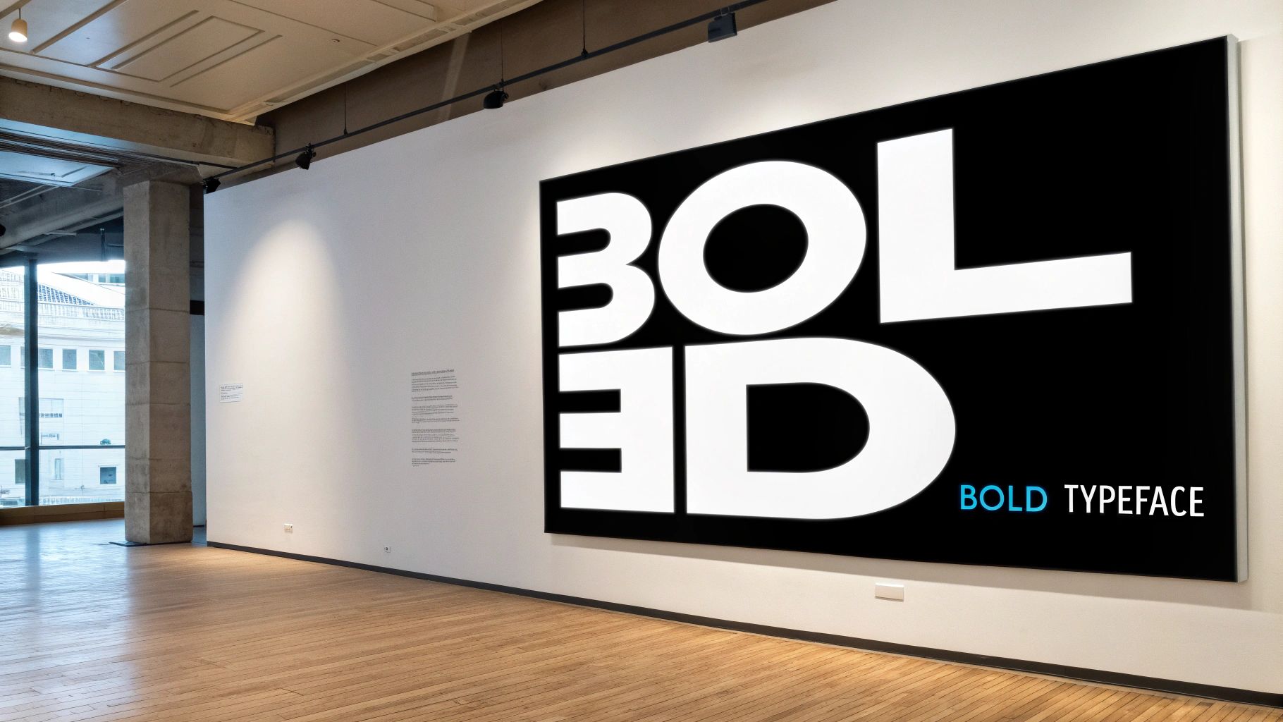 Modern art gallery with a large black sign displaying "BOLD TYPEFACE" in white and blue text.
