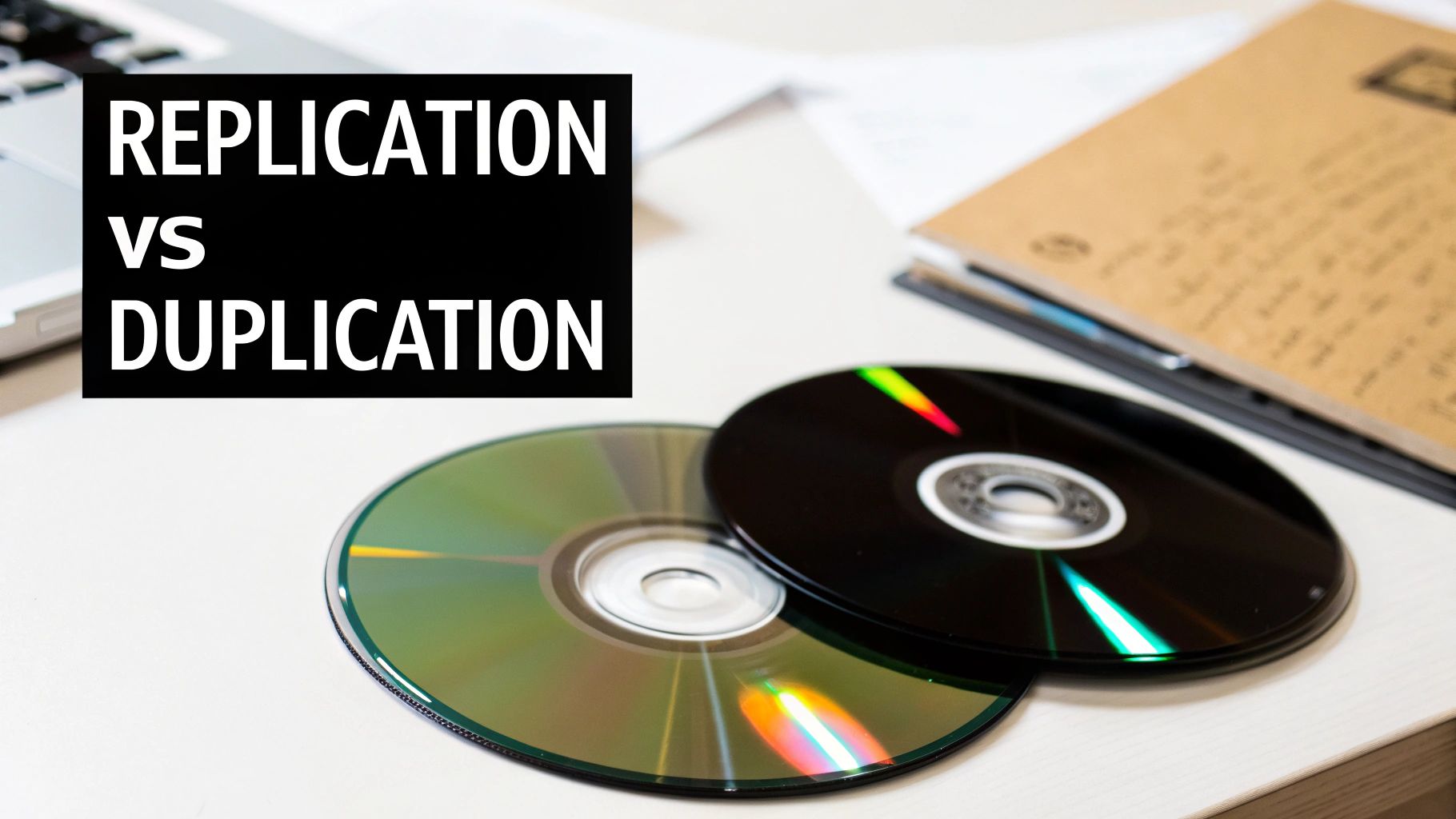 Text 'REPLICATION VS DUPLICATION' on a black box, with two shiny optical discs on a white table.