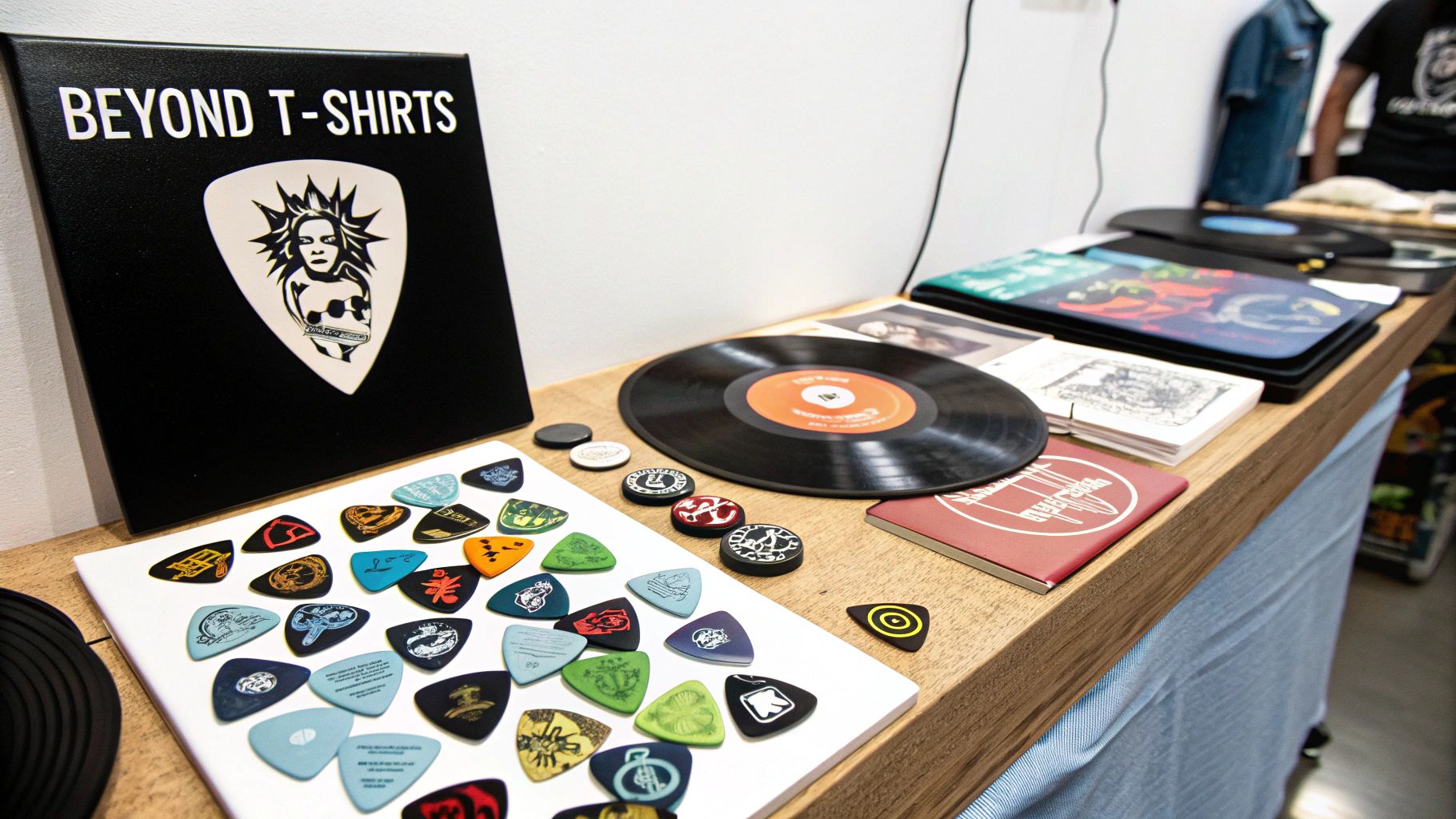 A collection of unique band merchandise including vinyl records, hats, and custom accessories.