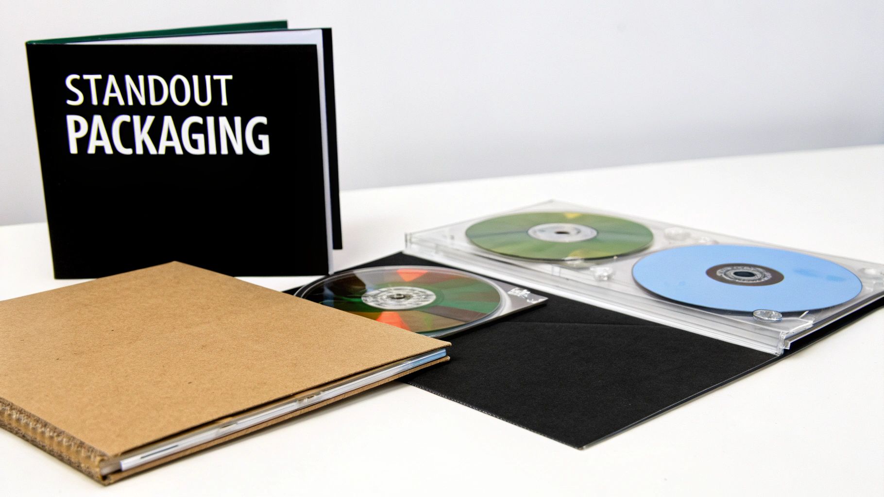 Various CD and DVD packaging options, including a black box, cardboard sleeve, and clear jewel case with discs.