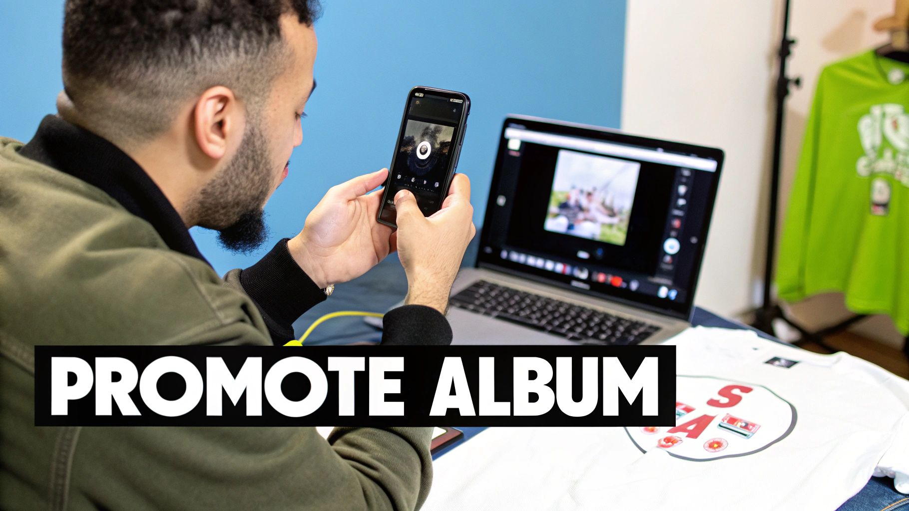 A man uses a smartphone and laptop to promote his album, surrounded by music merchandise.