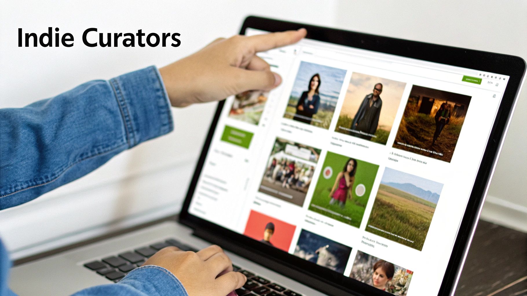 Hands interacting with a laptop displaying a content curation platform featuring various images under 'Indie Curators'.