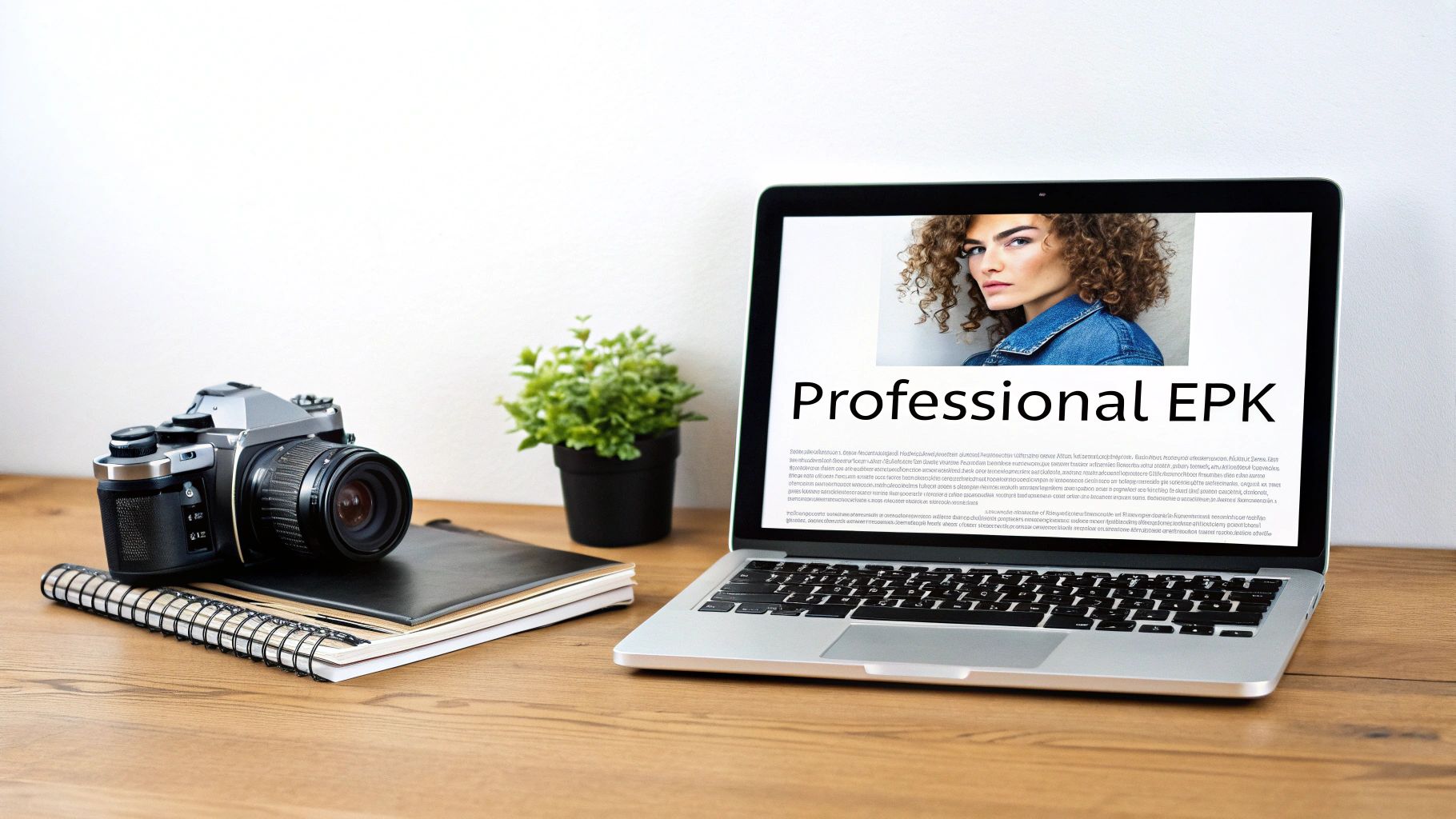A professional workspace featuring a laptop displaying a 'Professional EPK,' a camera, and notebooks.
