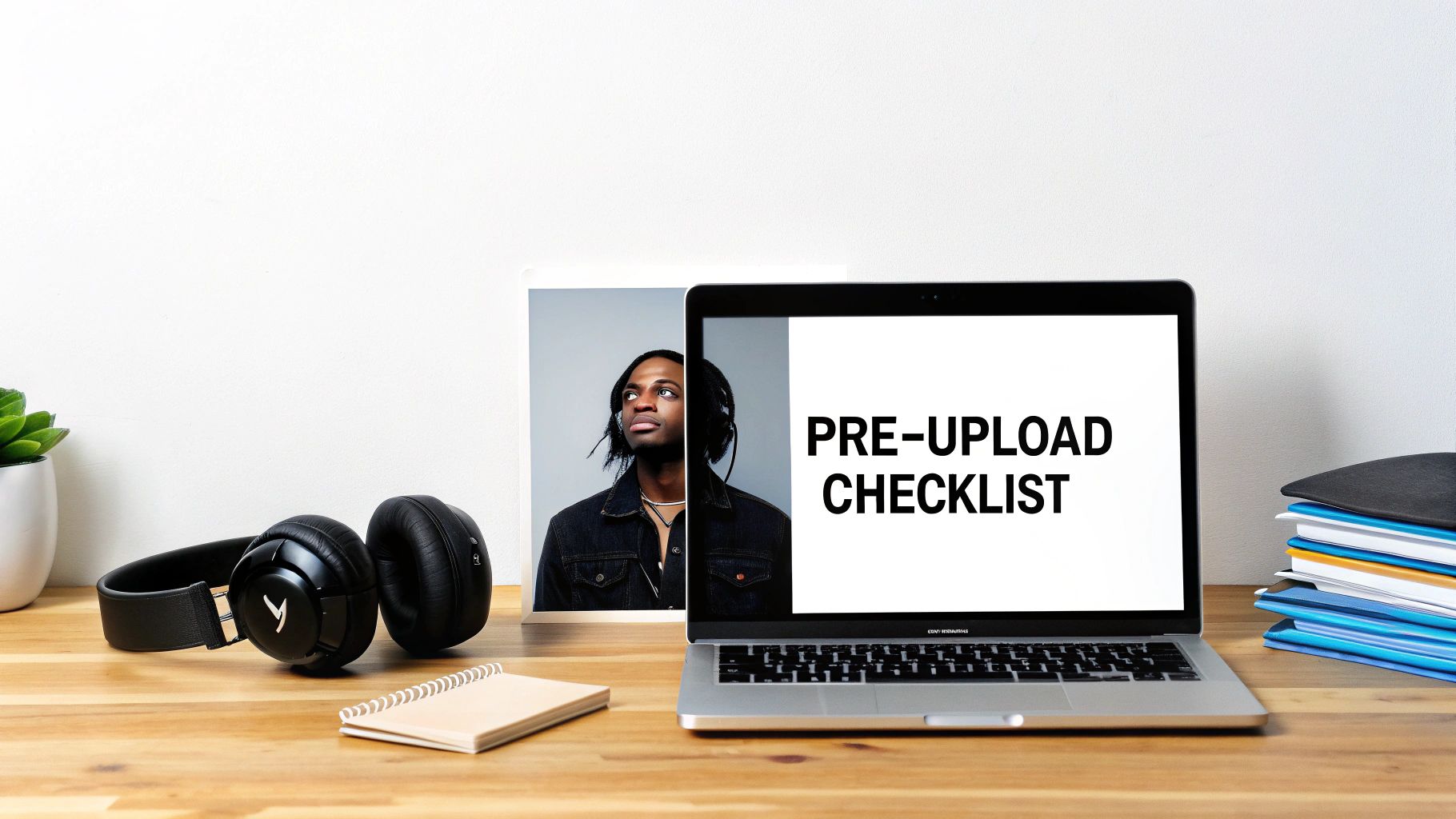 A person working on a laptop with music software, preparing to upload to SoundCloud.