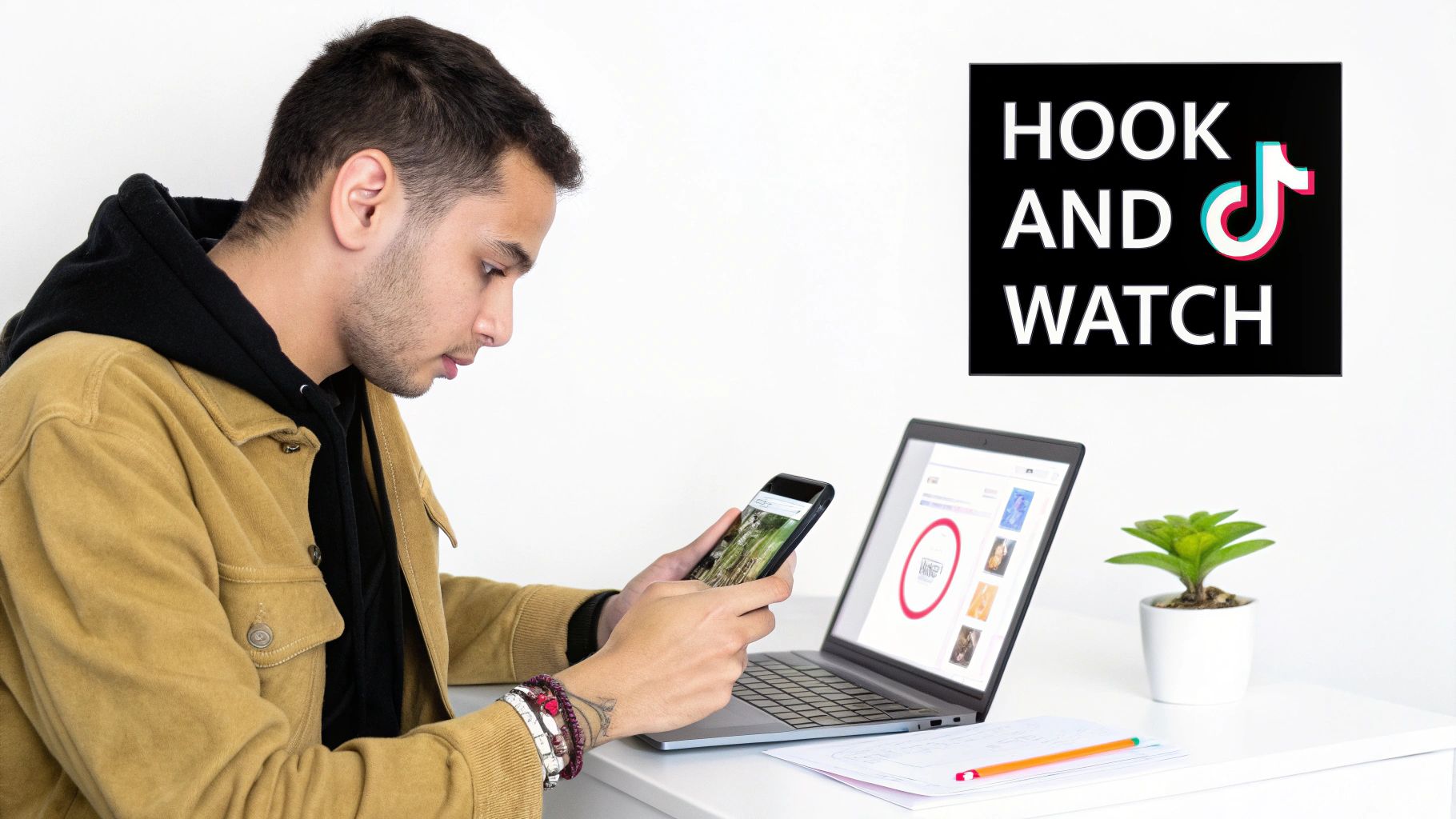 Man using smartphone and laptop to learn TikTok engagement strategies and increase likes