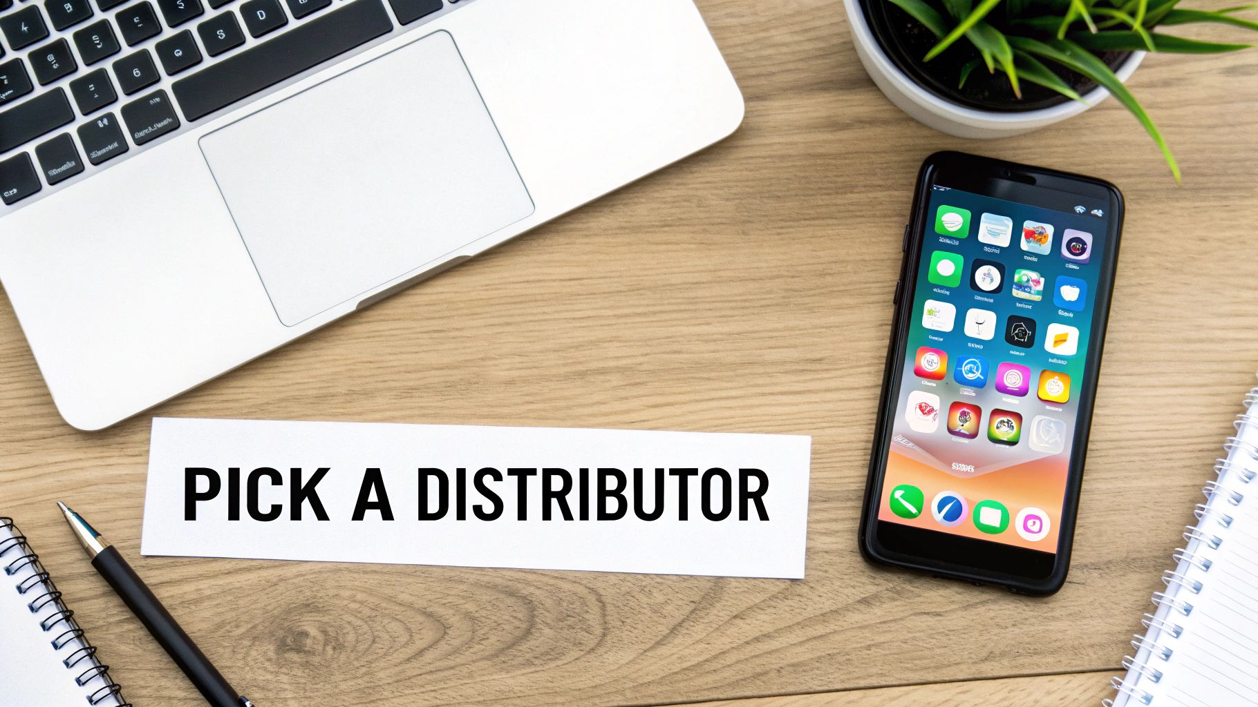 A top-down view of a wooden desk with a laptop, smartphone, plant, notebook, pen, and paper with "PICK A DISTRIBUTOR" written on it.
