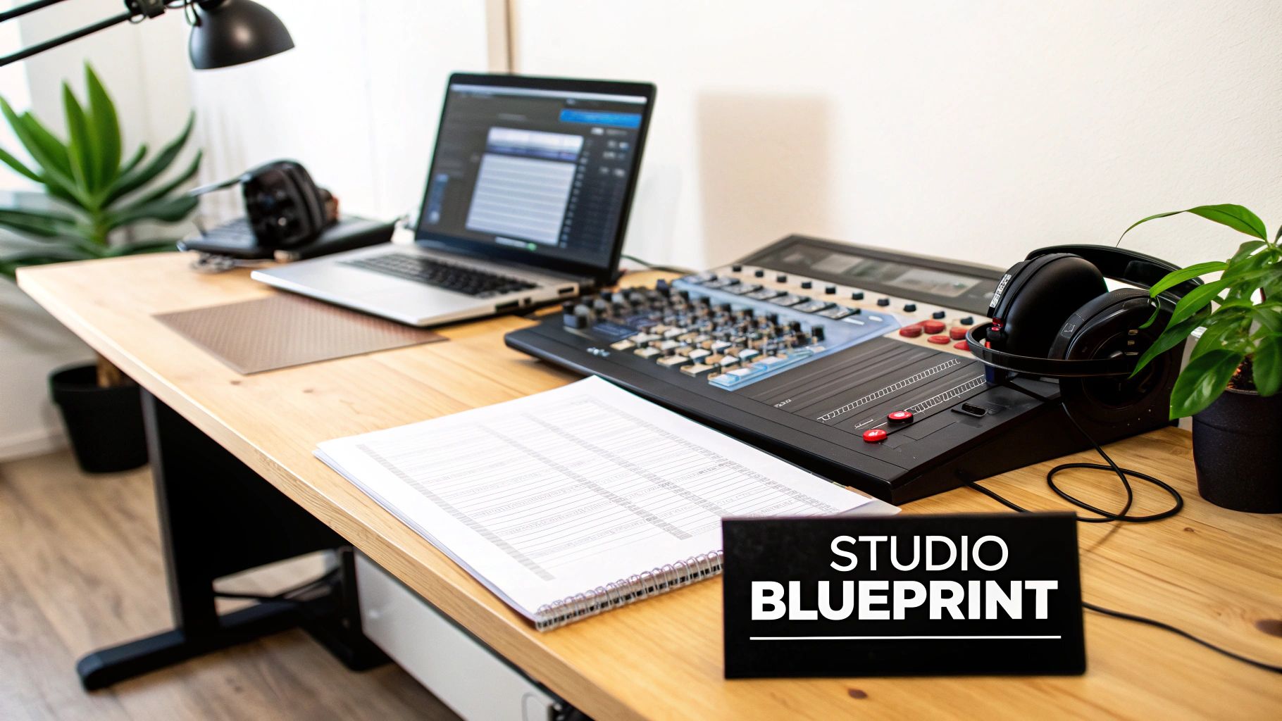 Modern home music production studio desk with laptop, audio mixer, headphones and equipment setup