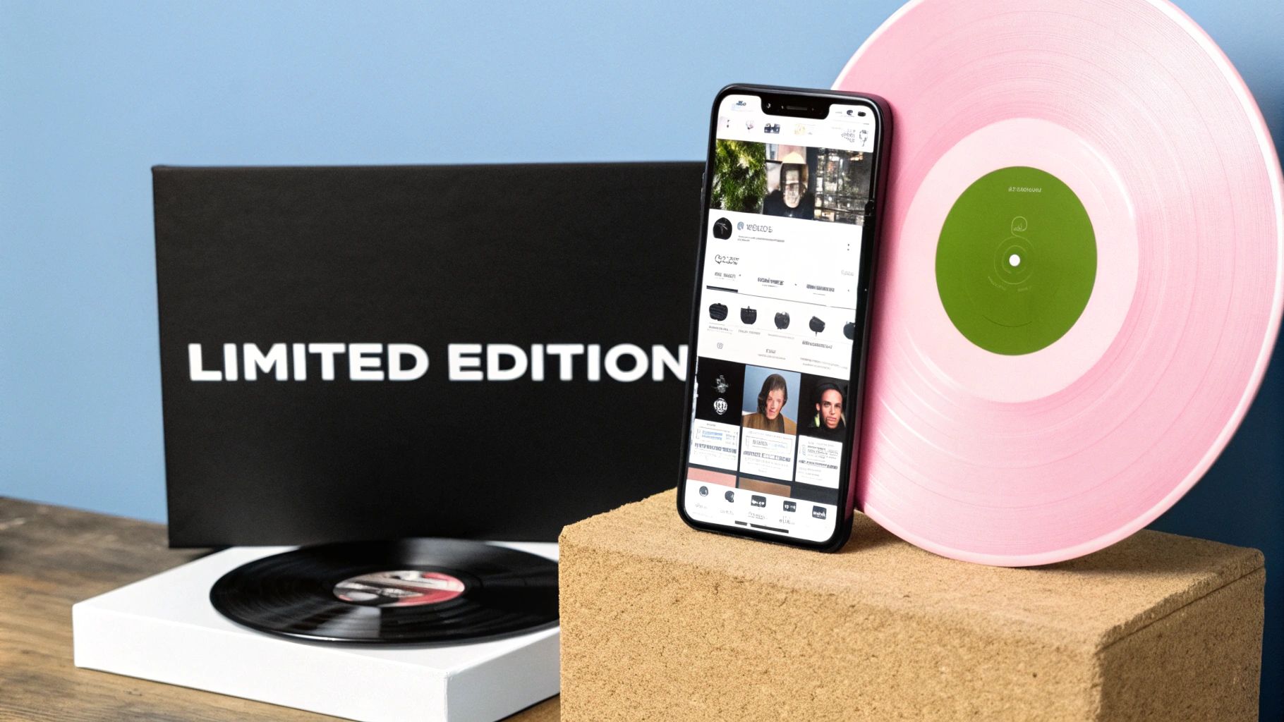 A smartphone showing an app, a black 'LIMITED EDITION' box, and two vinyl records, one pink and one black.