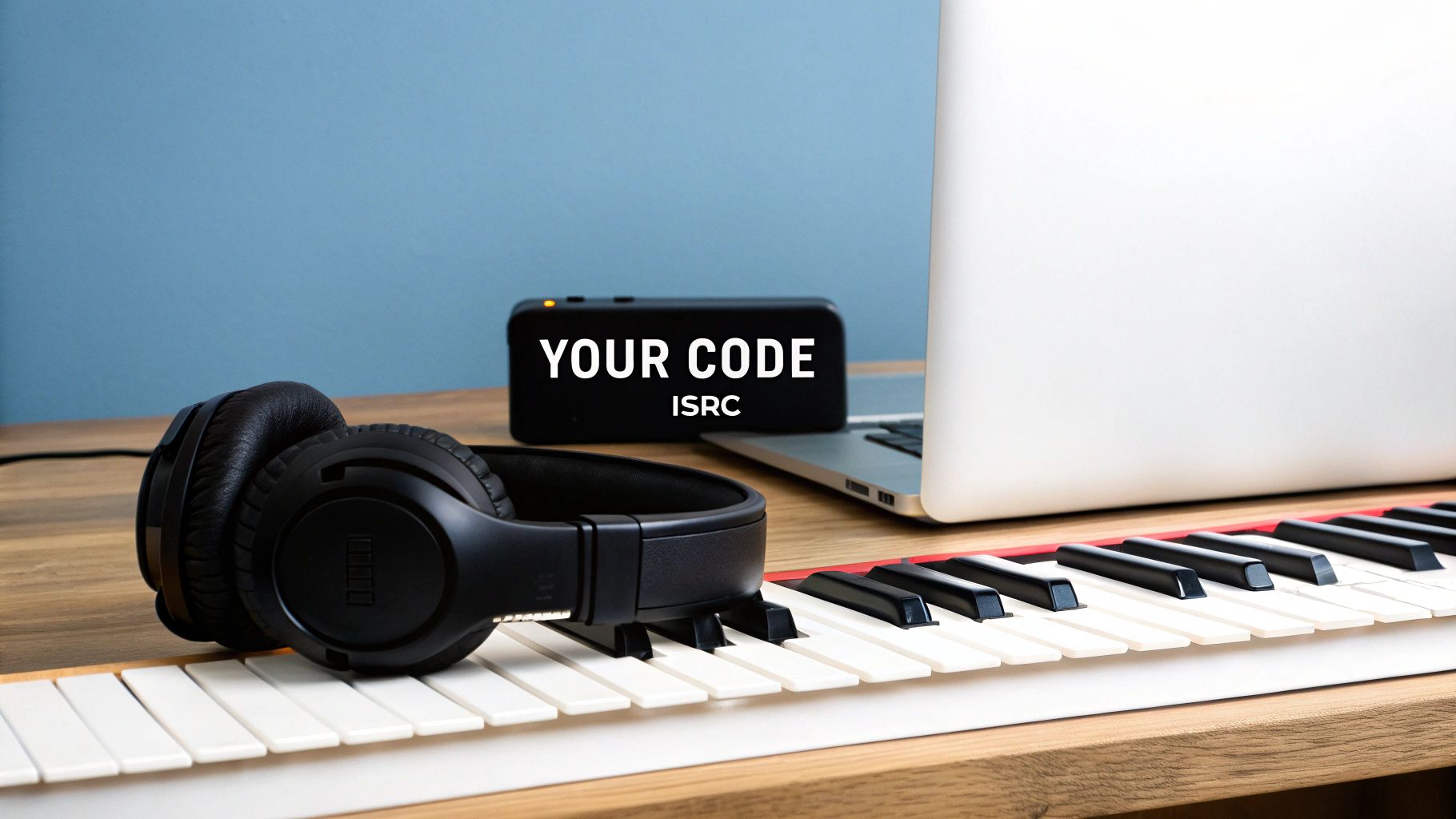Black headphones on a piano keyboard with a device showing 'YOUR CODE ISRC' and a laptop on a wooden desk.