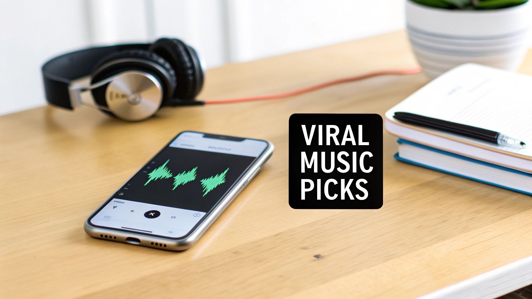 A smartphone displaying green sound waves next to headphones, notebooks, and a plant on a wooden desk, with text 'VIRAL MUSIC PICKS'.
