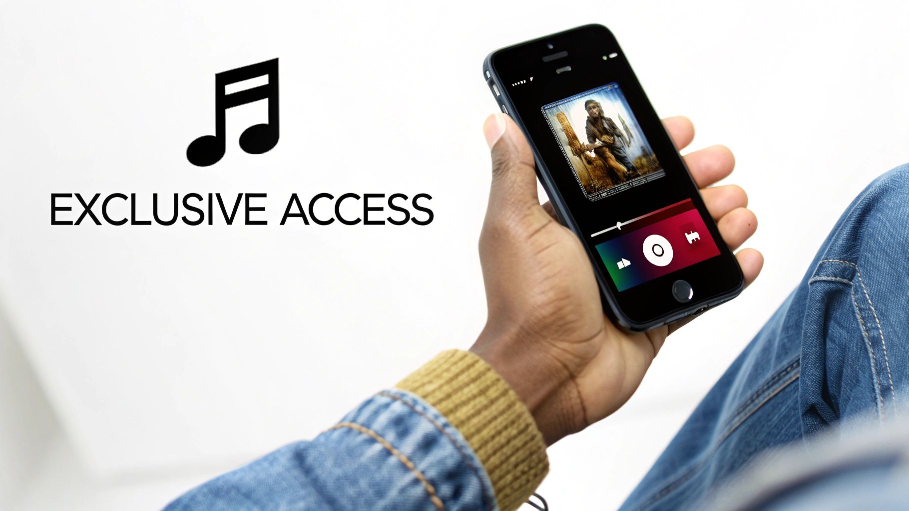 A person holds a smartphone displaying a music player, with 'EXCLUSIVE ACCESS' and a music note.