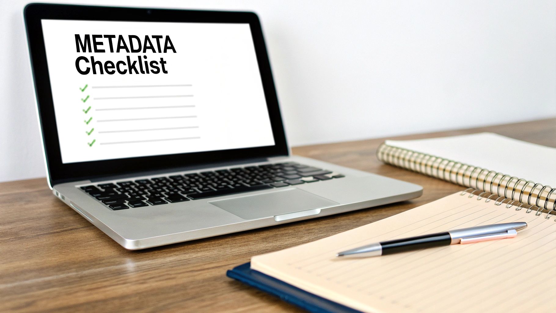 A laptop on a wooden desk displays a 'METADATA Checklist' with green checkmarks, alongside notebooks and a pen.