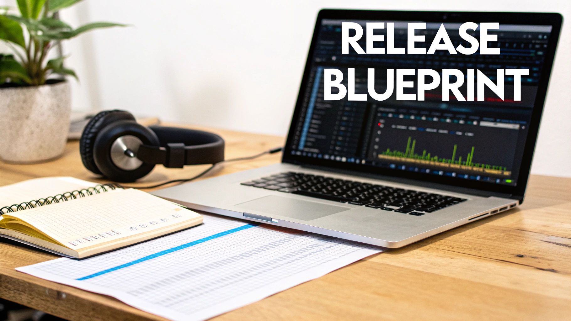 A laptop displays 'RELEASE BLUEPRINT' with audio waveforms, next to headphones, a notebook, and a plant on a wooden desk.