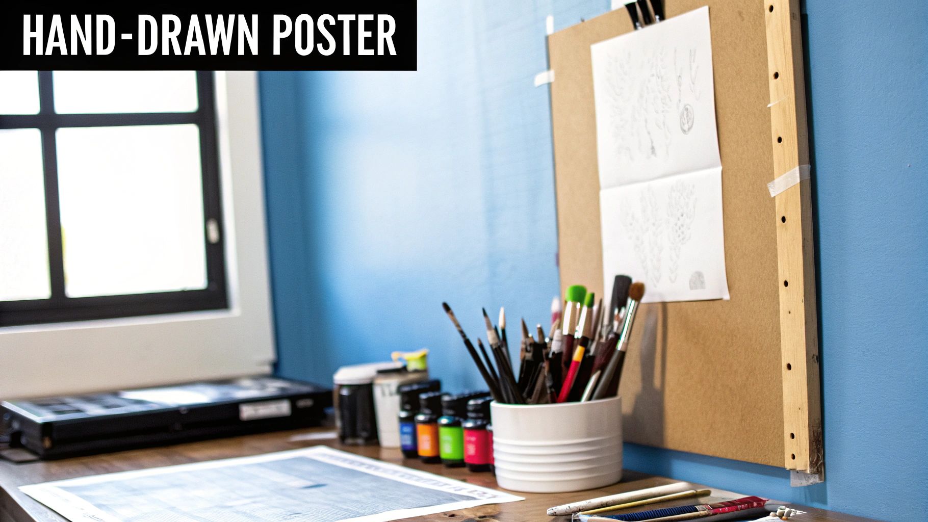 An artist's desk features a white cup of paintbrushes, colorful paint bottles, and sketches on a drawing board next to a window.