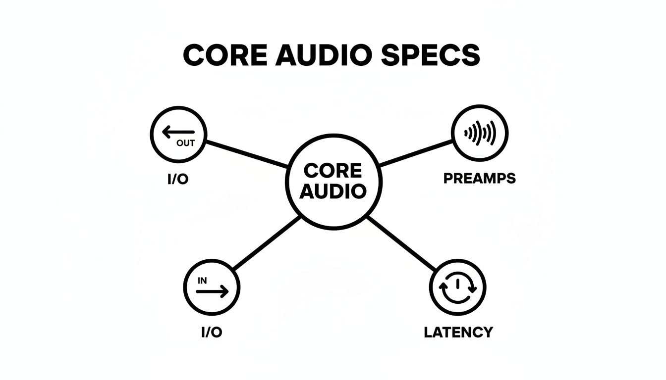 Diagram illustrating core audio specifications, including input/output, preamps, and latency.