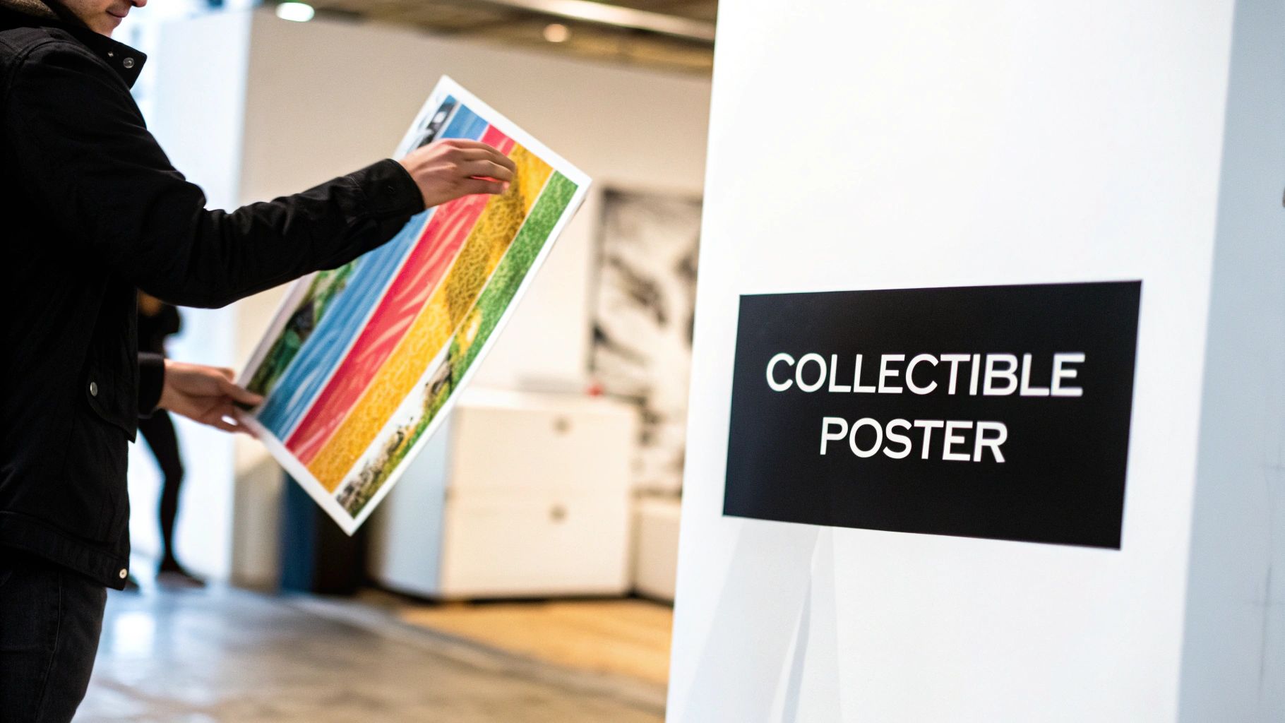 Person holding a vibrant striped poster near a 'Collectible Poster' sign in a gallery.