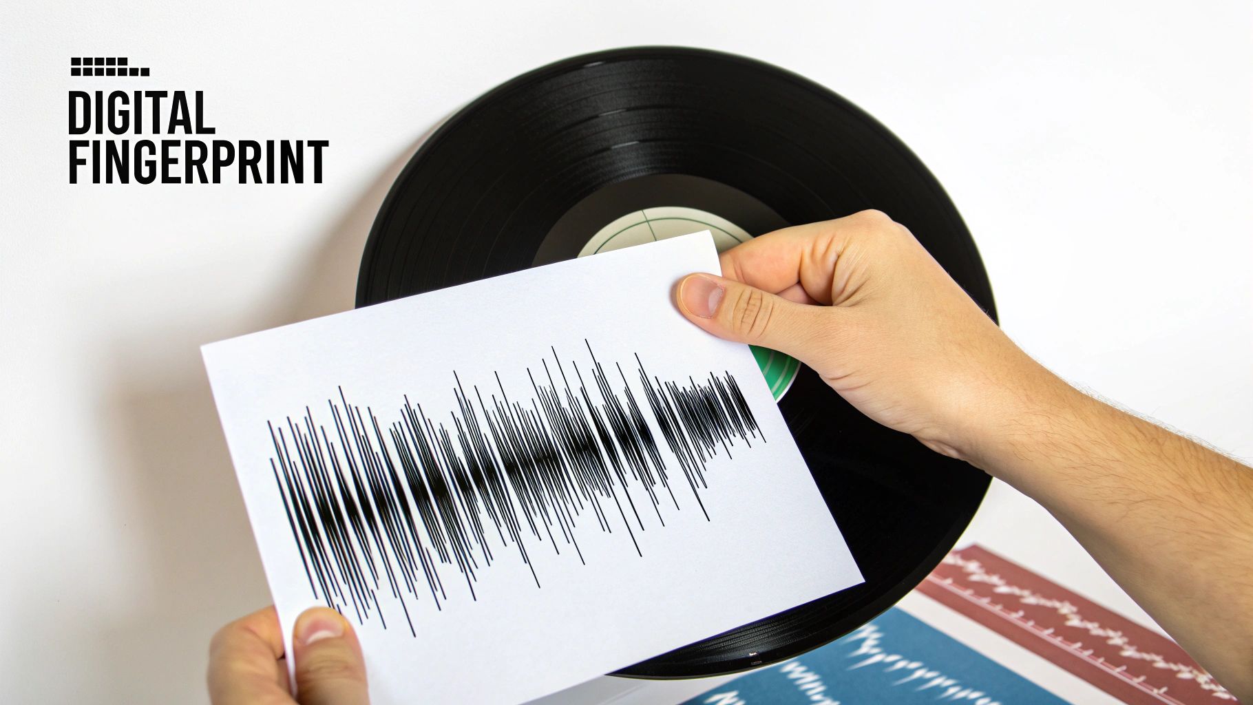 A hand holds a paper with a sound wave over a vinyl record, illustrating a digital music fingerprint.