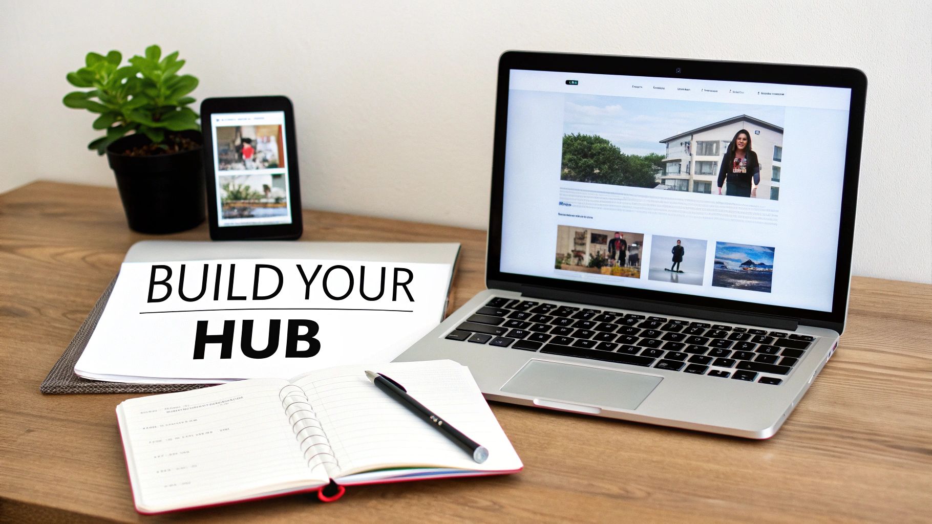 A flat lay of a modern workspace with a laptop, smartphone, plant, and notepad that says 'BUILD YOUR HUB'.
