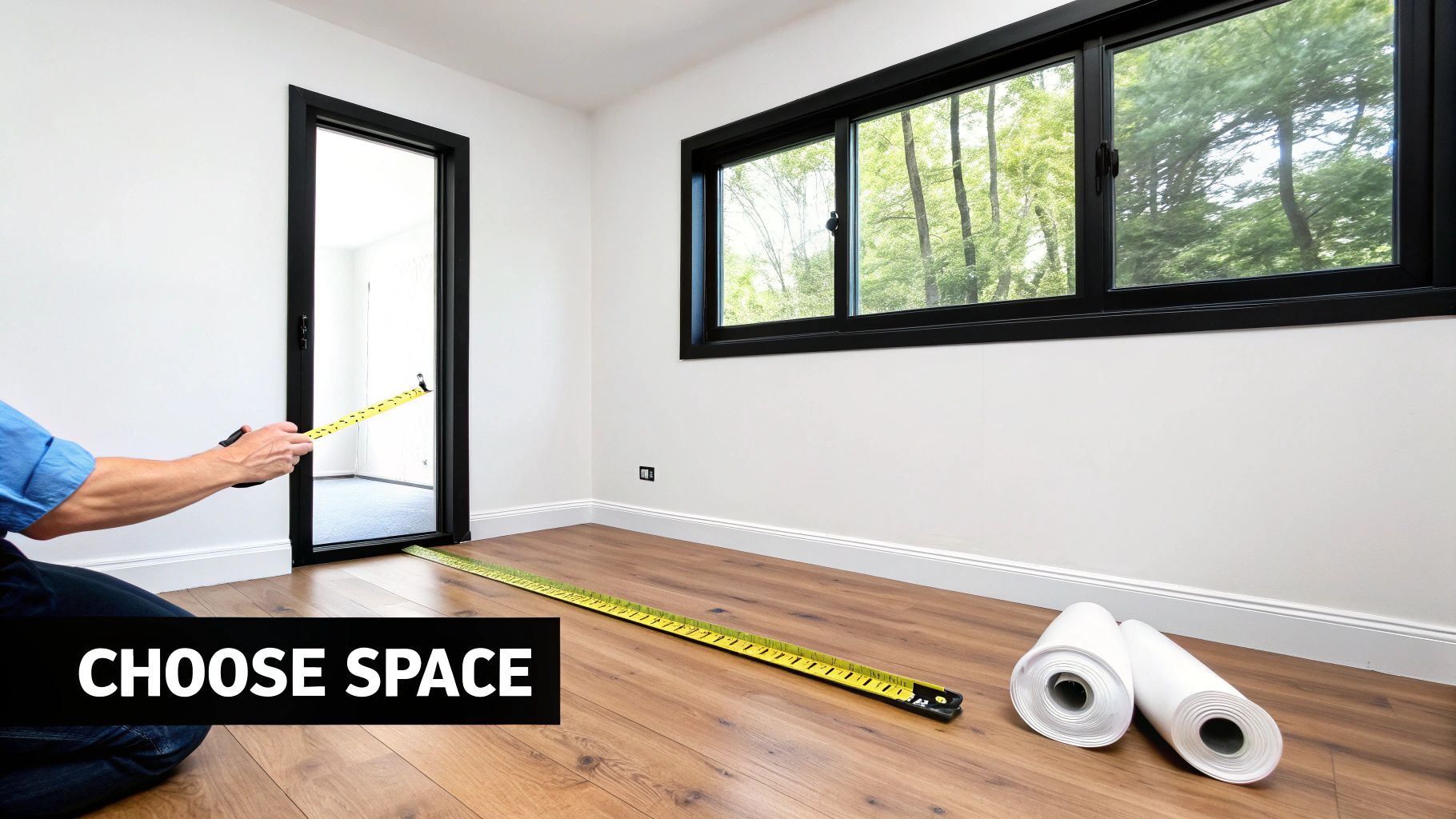 A person uses a long tape measure to plan a room renovation, with material rolls nearby.