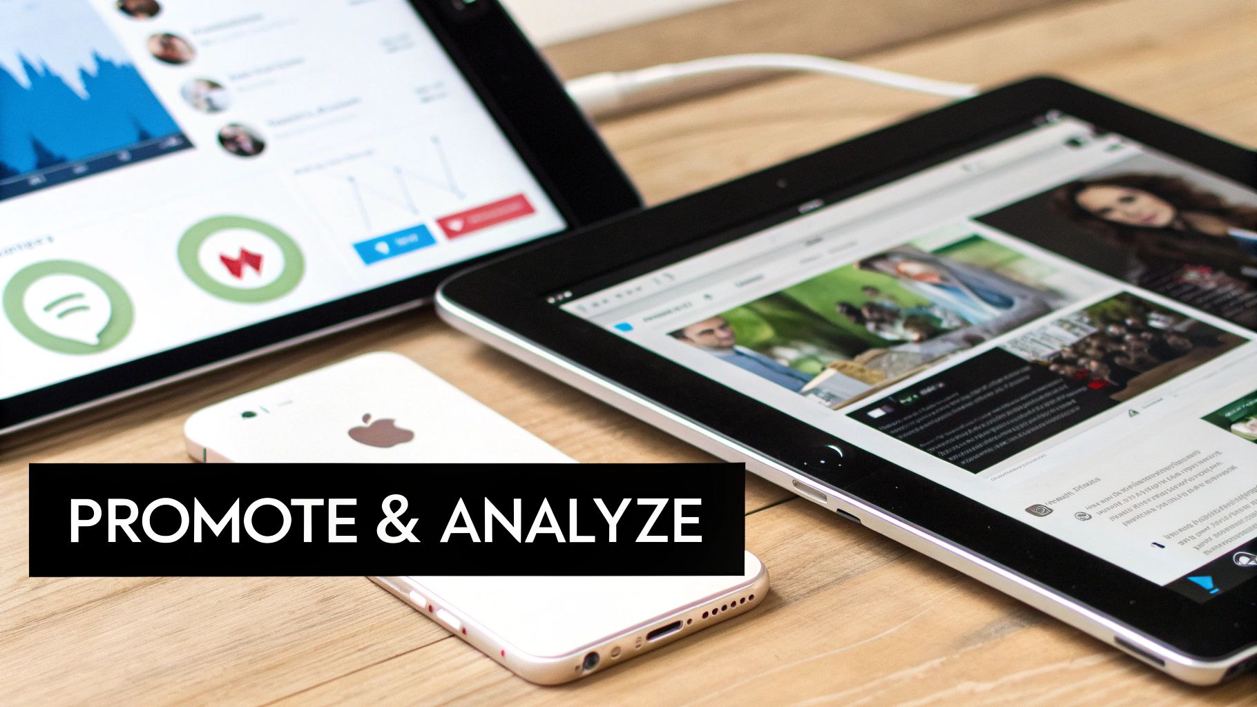 Digital marketing tools: two tablets and an iPhone displaying promotional content and analytics on a wooden desk.