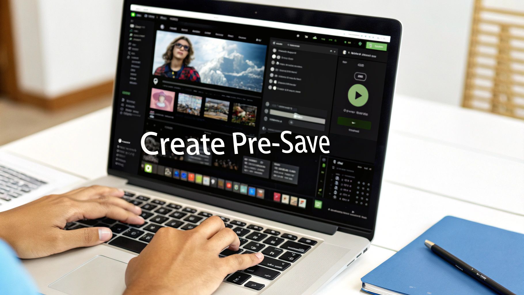 Hands typing on a silver laptop with a dark screen displaying 'Create Pre-Save' text.