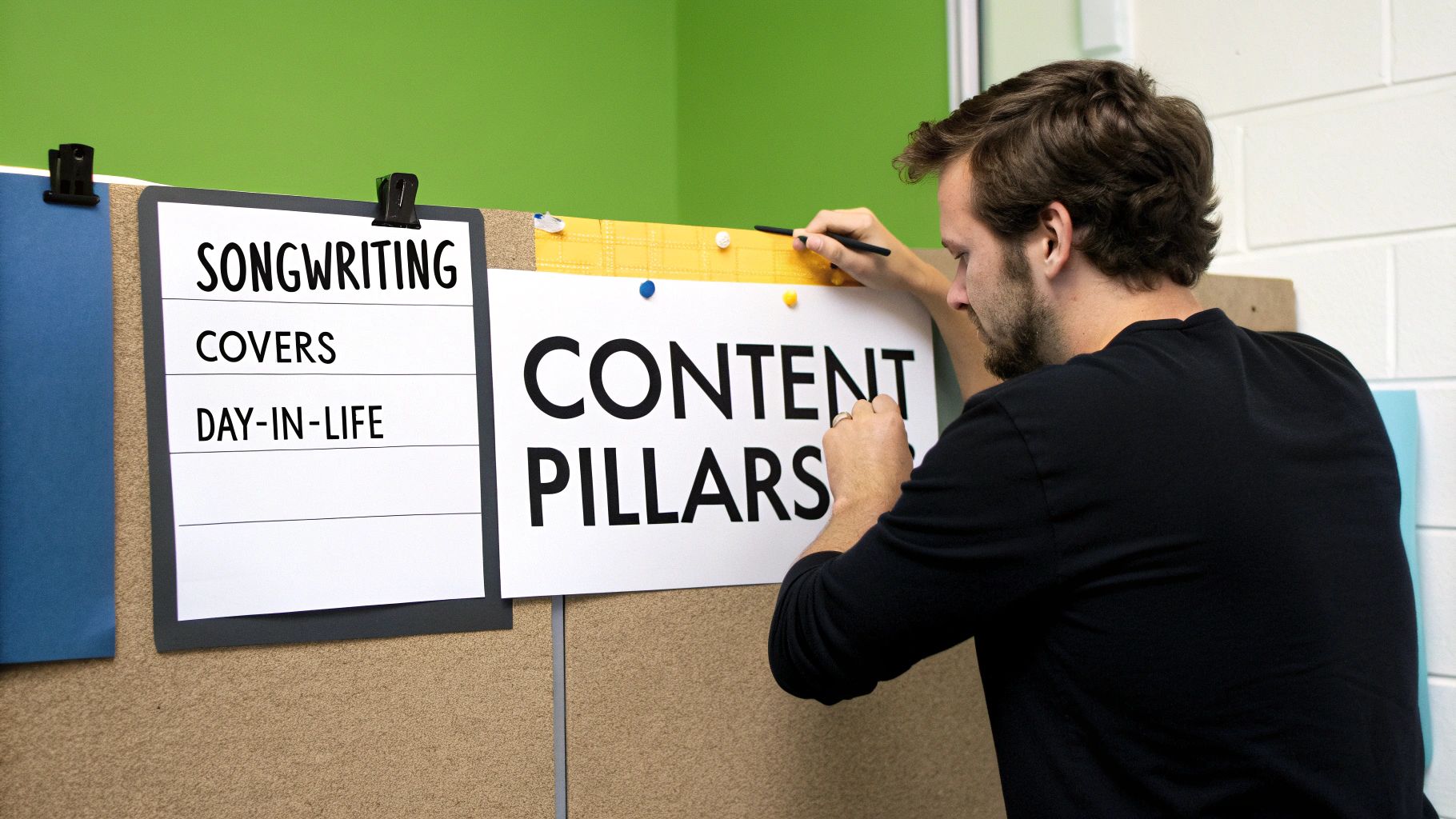 Man pinning content pillars poster on bulletin board next to songwriting covers day-in-life list