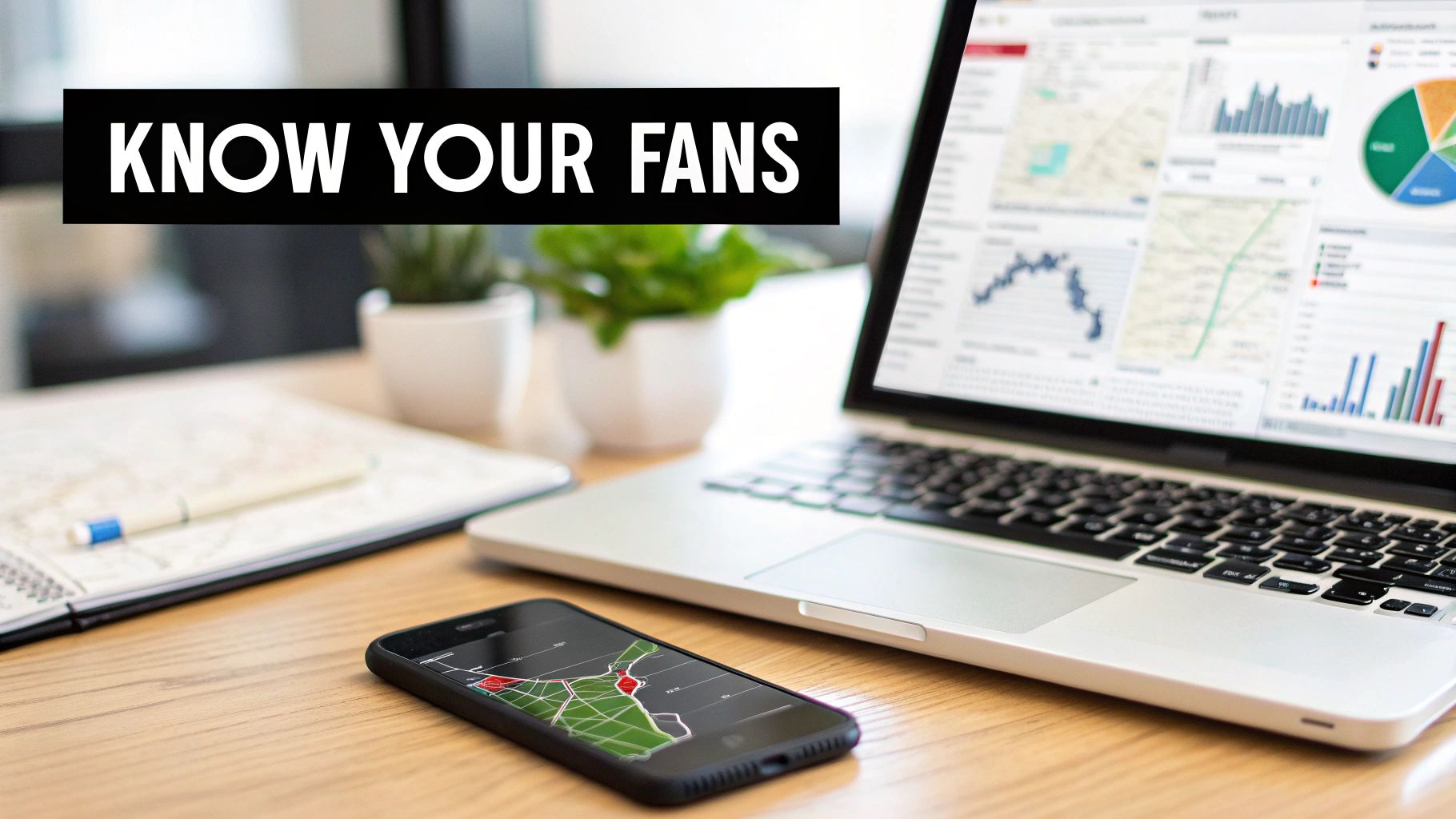A laptop and smartphone on a desk display fan data analytics, charts, and maps, with 'KNOW YOUR FANS' text.